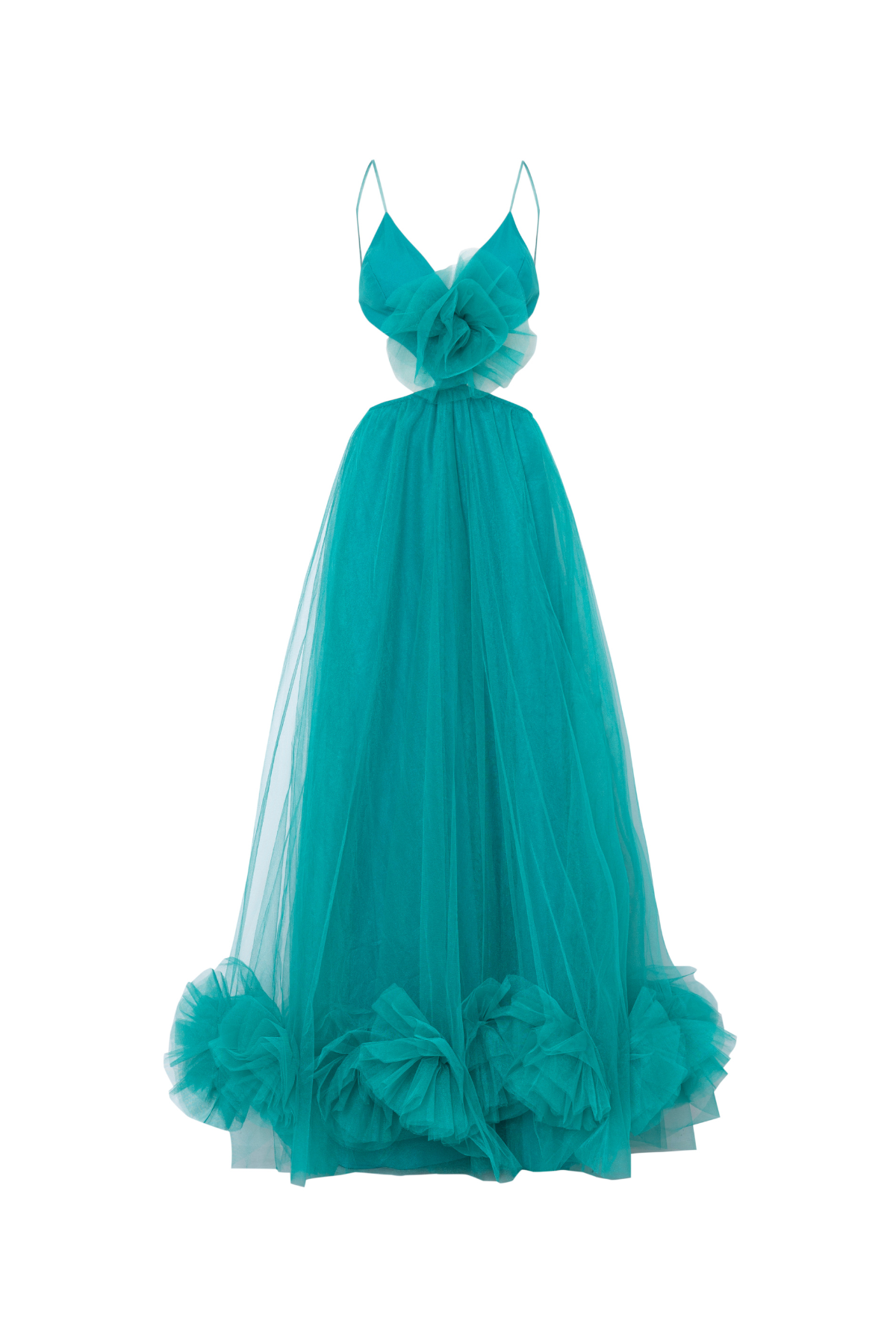 Vestido Longo Decotado de Tule com Aberturas