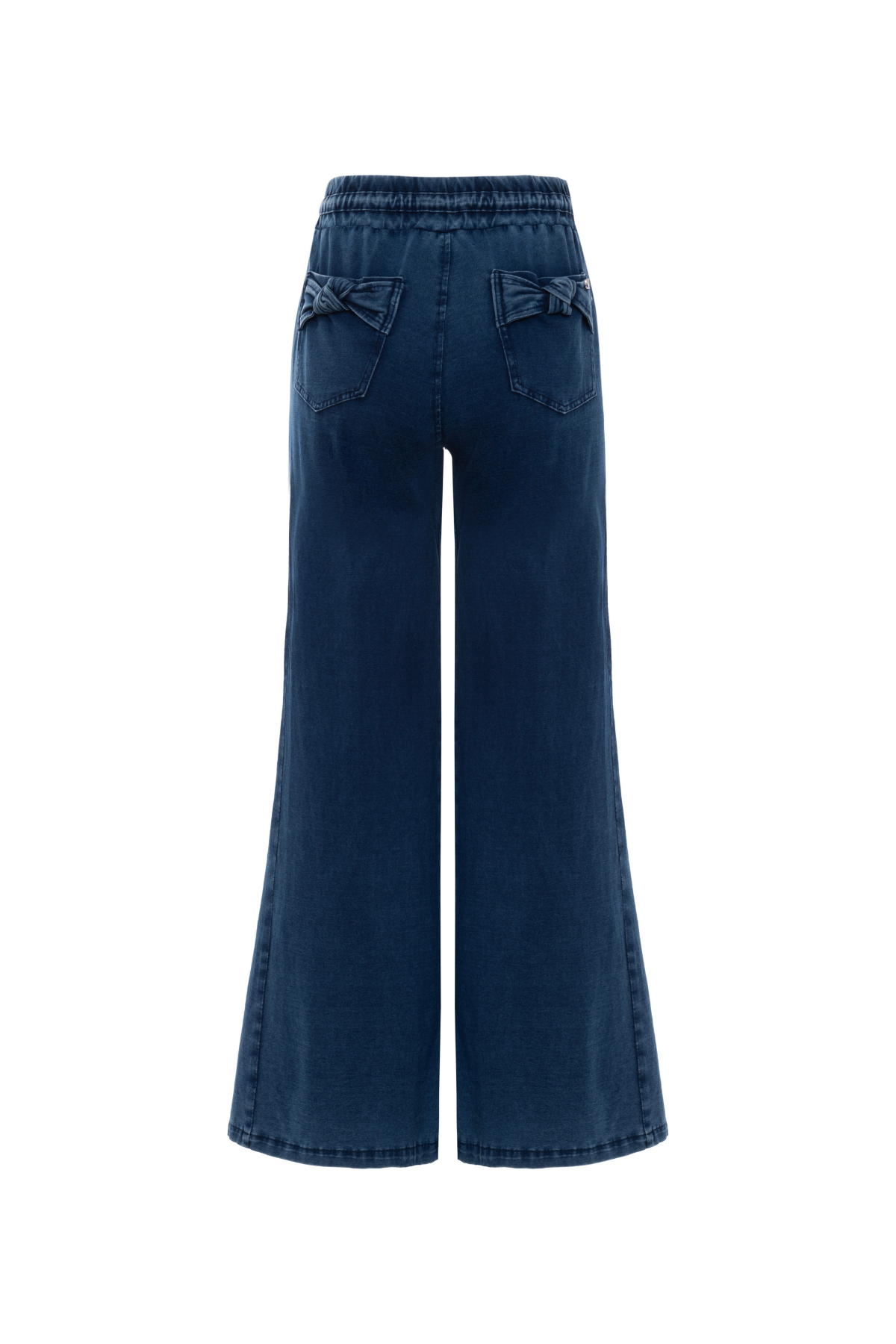 Calça Malha Denim Pantalona Bolso Laço