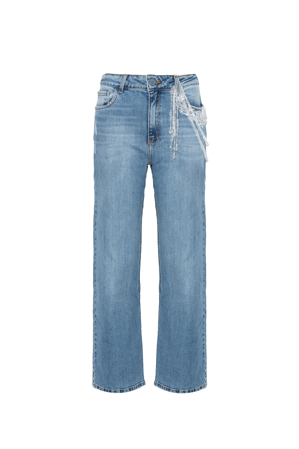 Calça Jeans Cós Alto Bordado Franjas