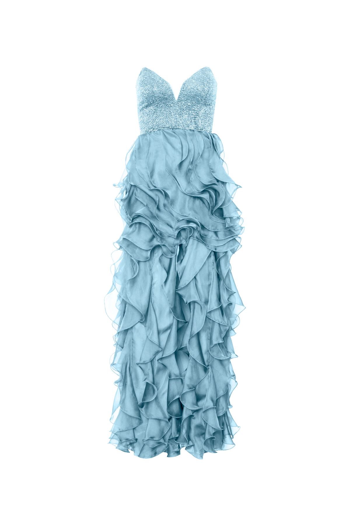 Vestido Longo Bordado Sem Alças E Babados Em Jabô