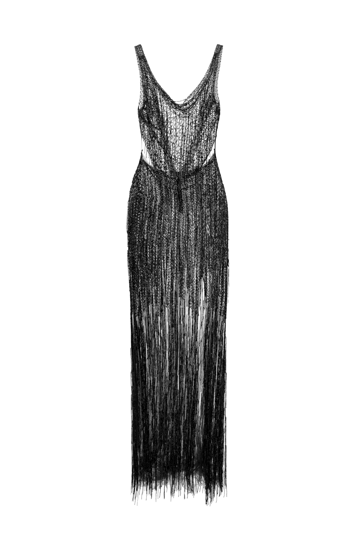 Vestido Longo Bordado Franjas Decote Em V