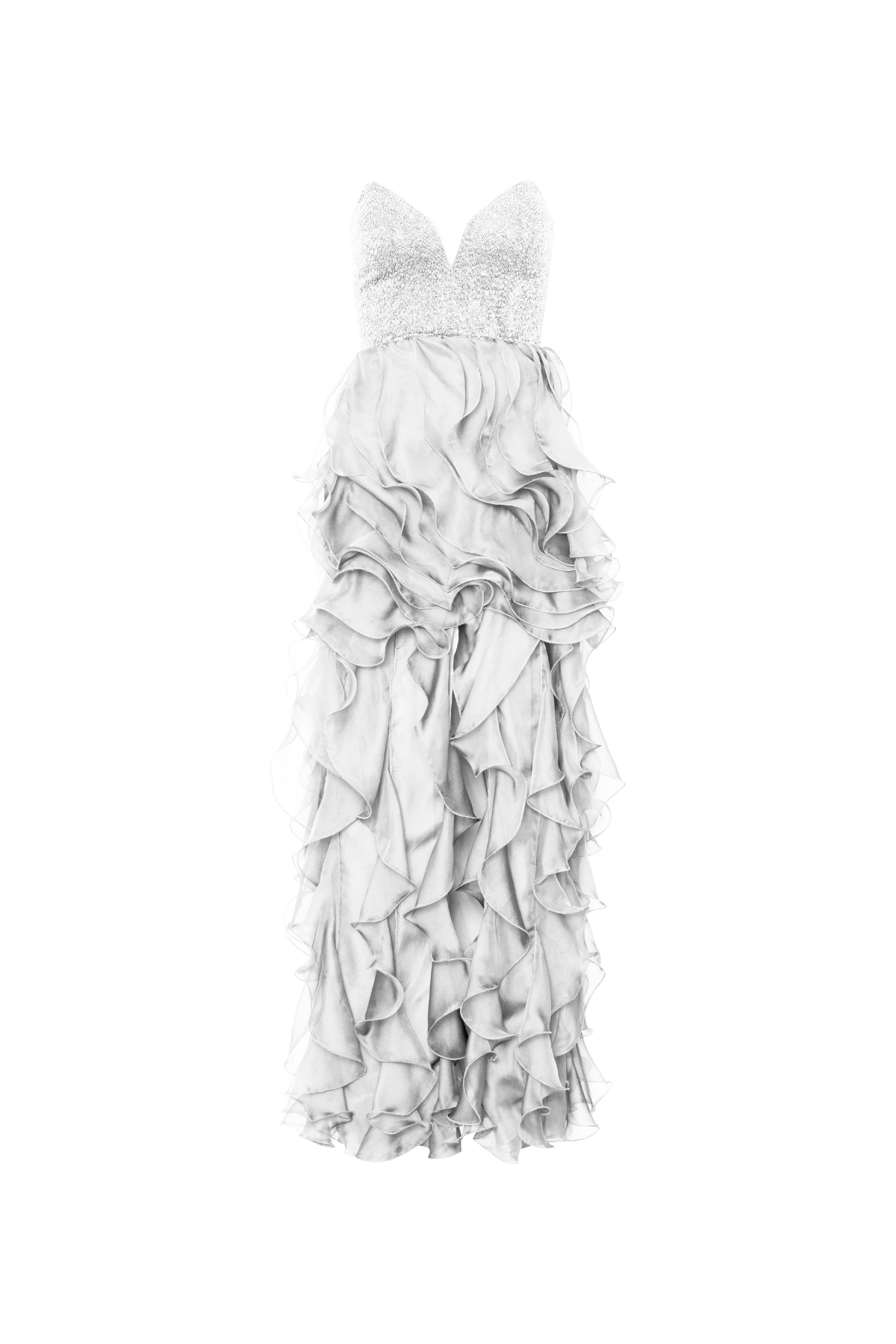 Vestido Longo Bordado Sem Alças E Babados Em Jabô