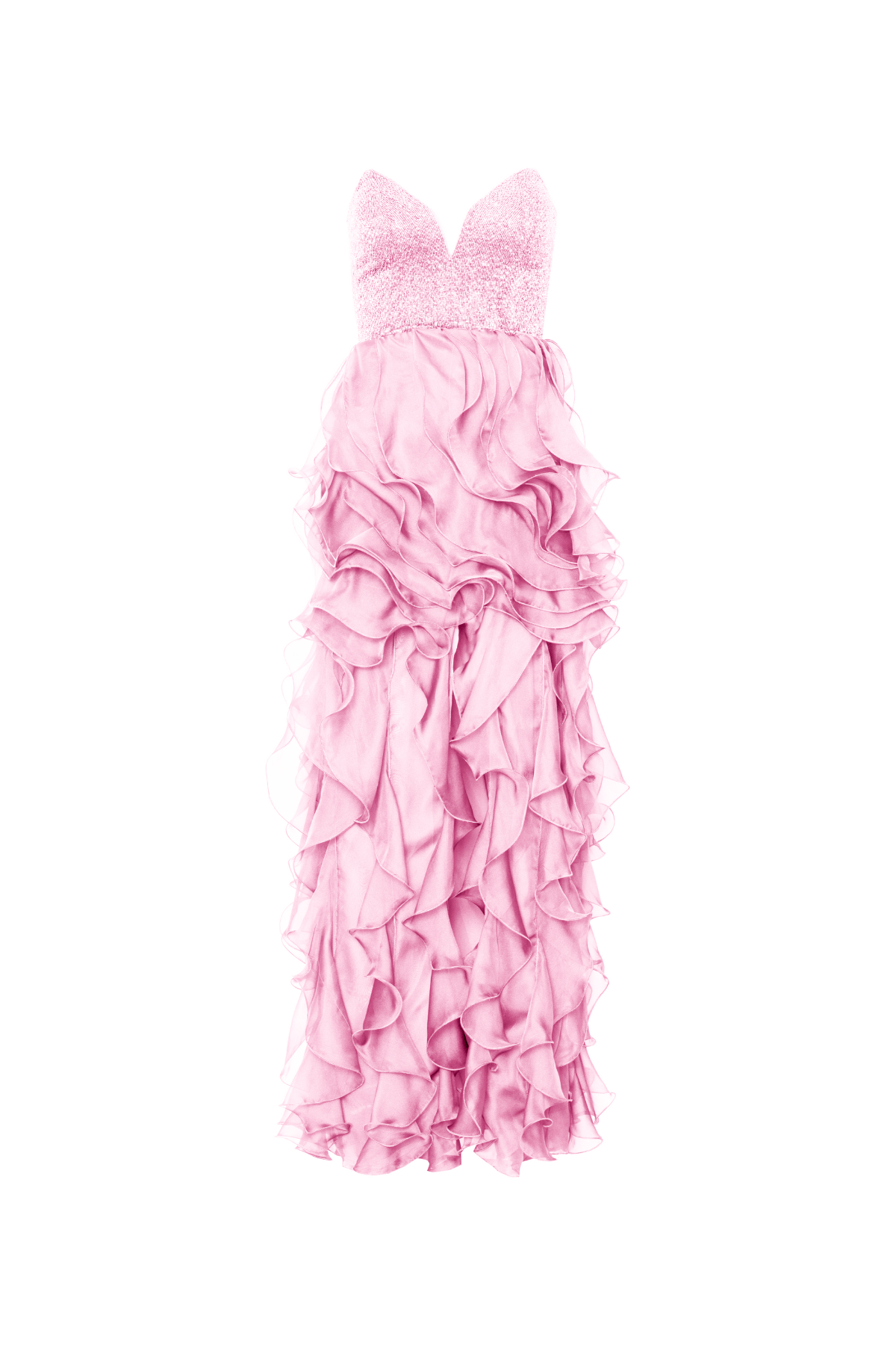 Vestido Longo Bordado Sem Alças E Babados Em Jabô