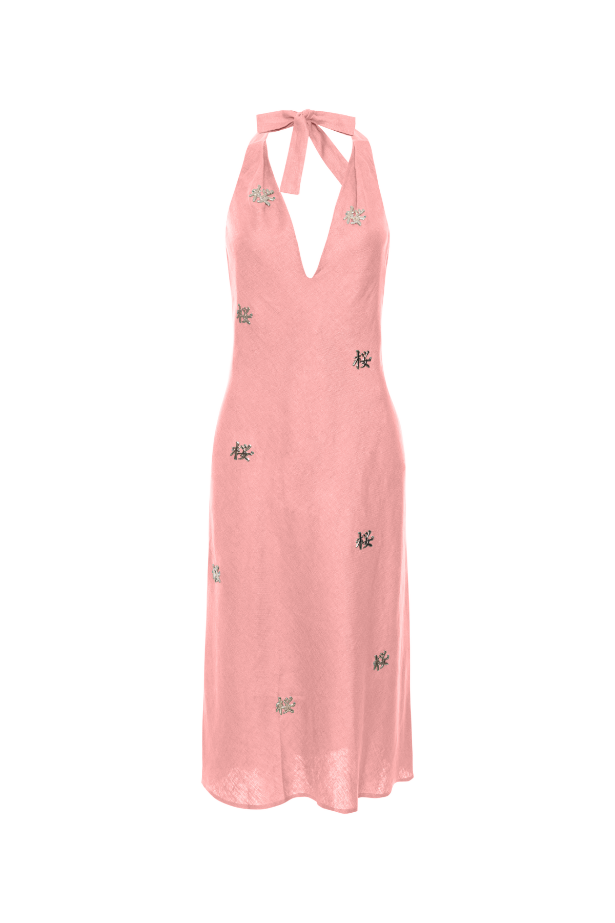 Vestido Mídi Linho Frente Única e Aplicação de Ideograma