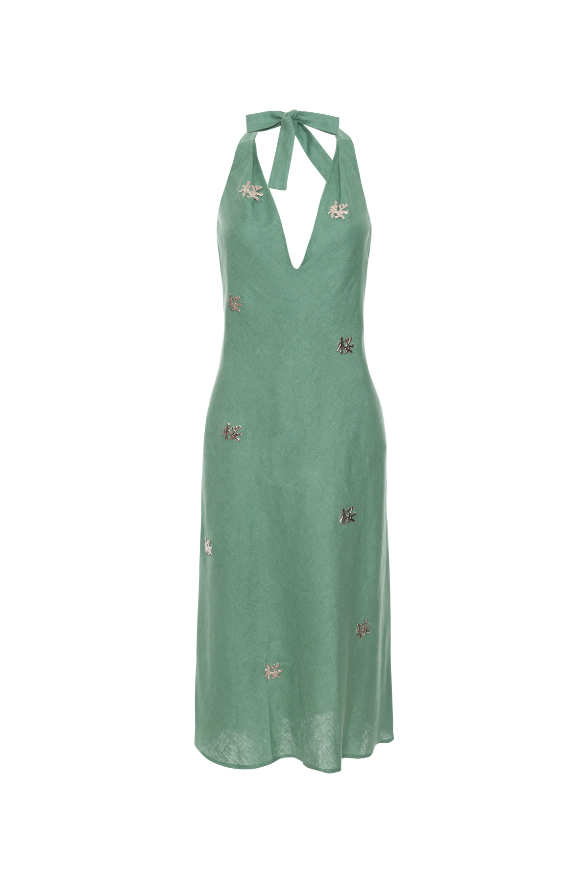 Vestido Mídi Linho Frente Única e Aplicação de Ideograma