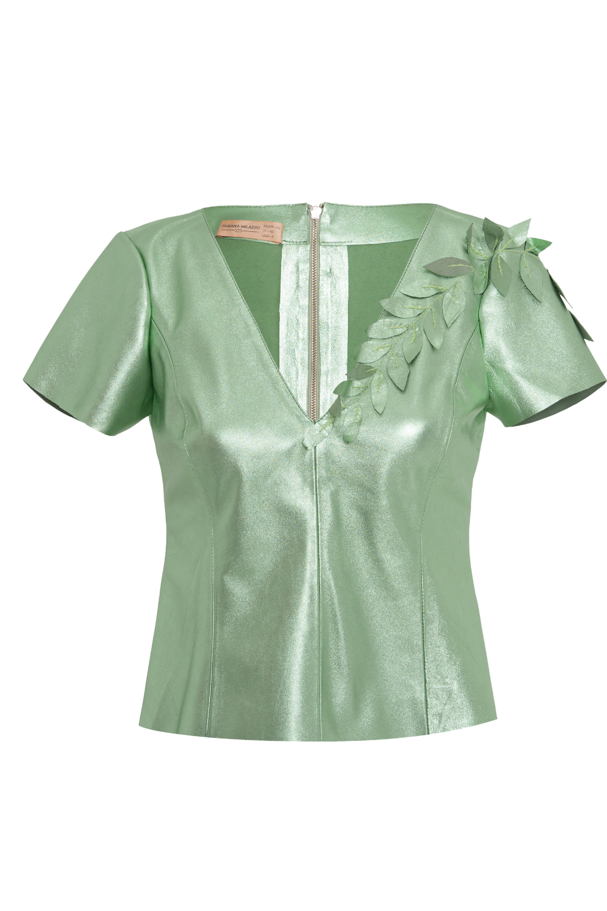 T-Shirt em Couro Gola ''V'' com Bordado Folhas