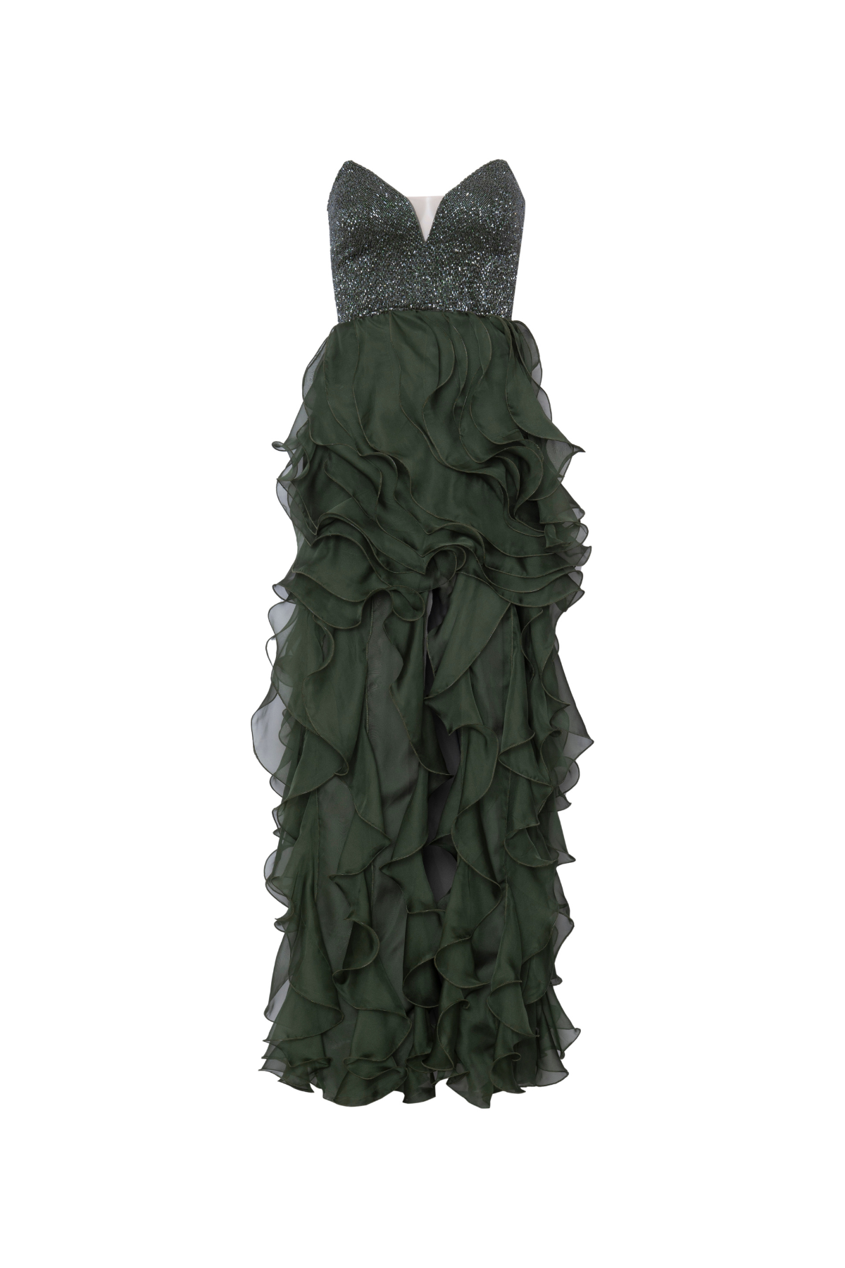 Vestido Longo Bordado Sem Alças E Babados Em Jabô