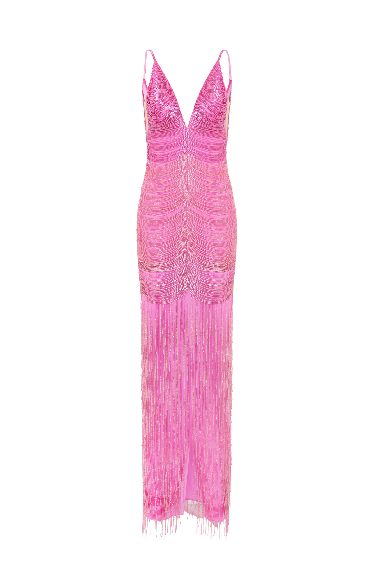 Vestido Longo Bordado com Franjas e Decote em V