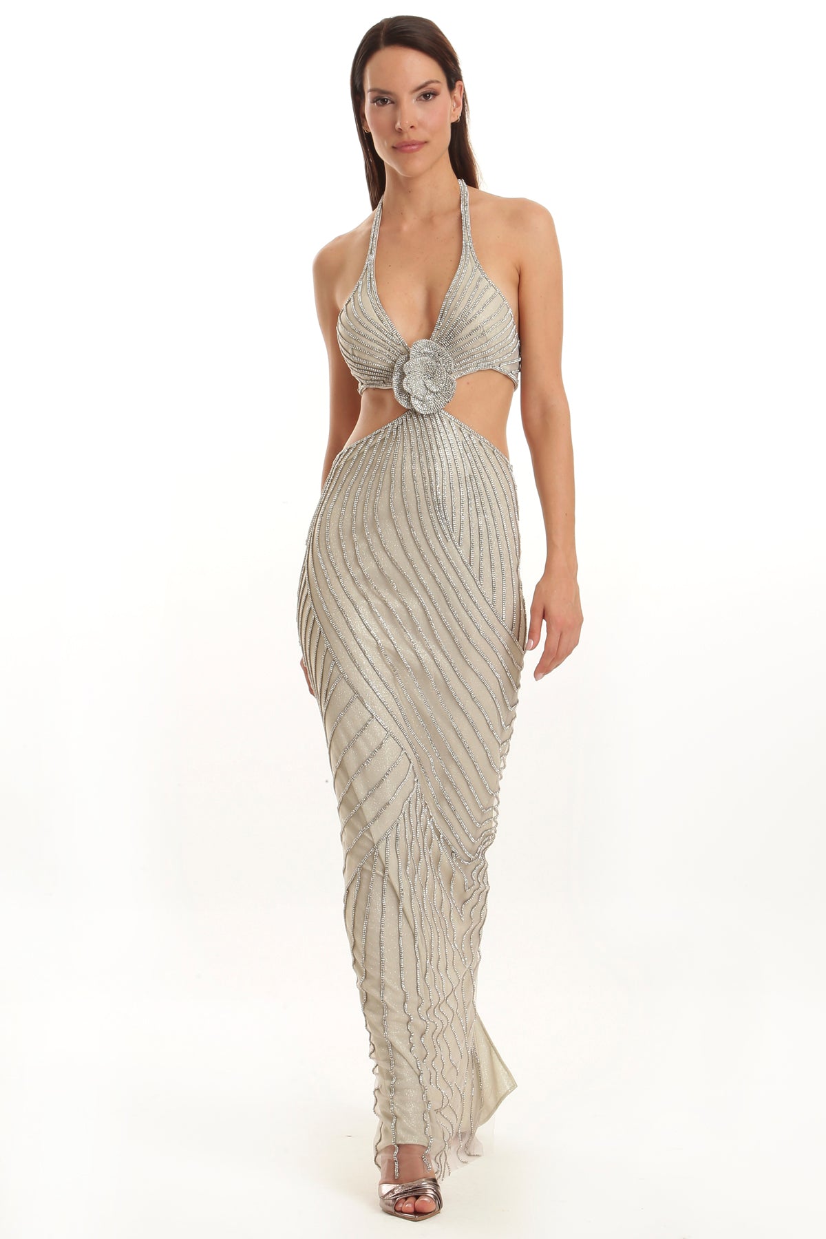 Vestido Longo Strass com Decote V