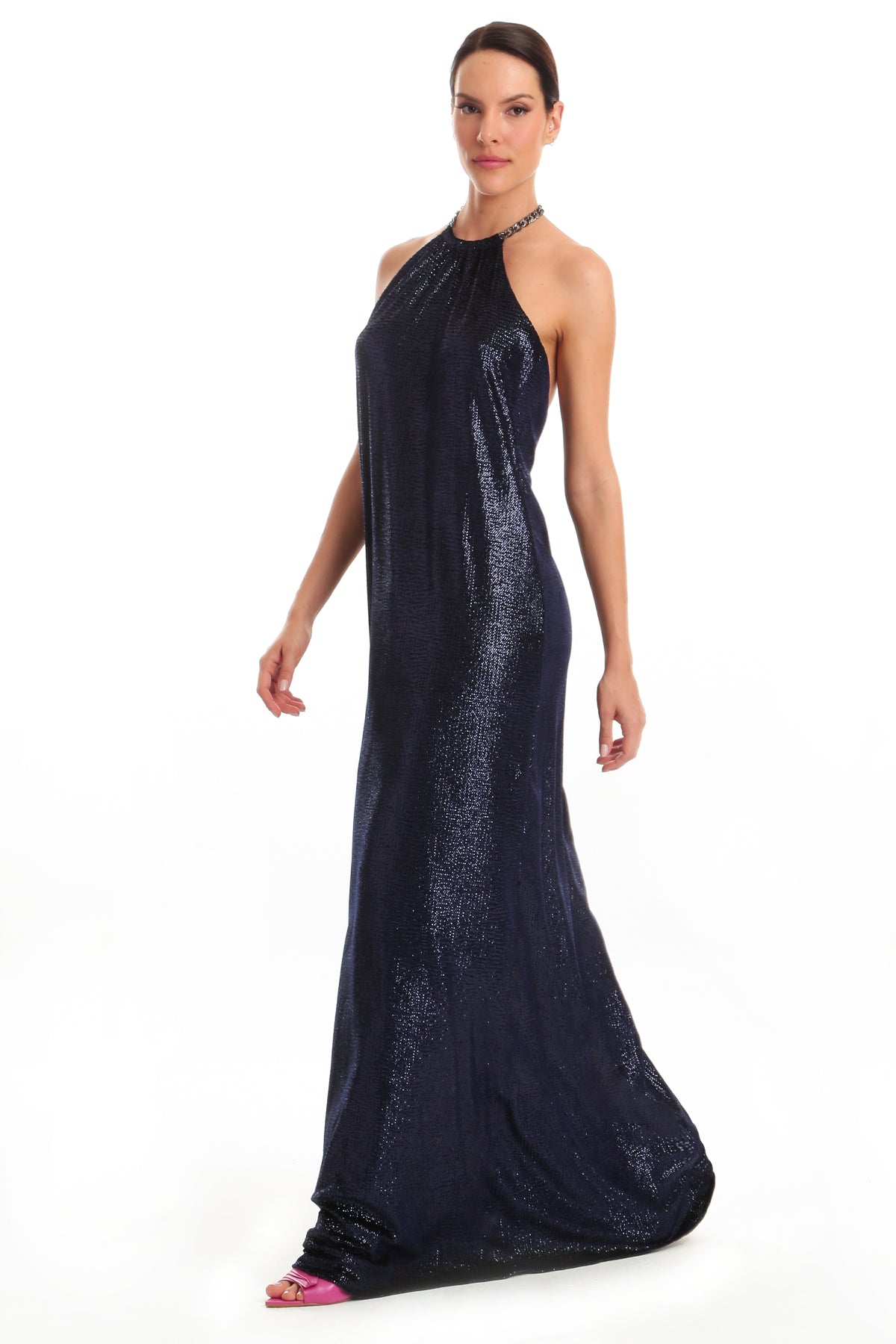 Vestido Longo Frente Única em Velvet Poá