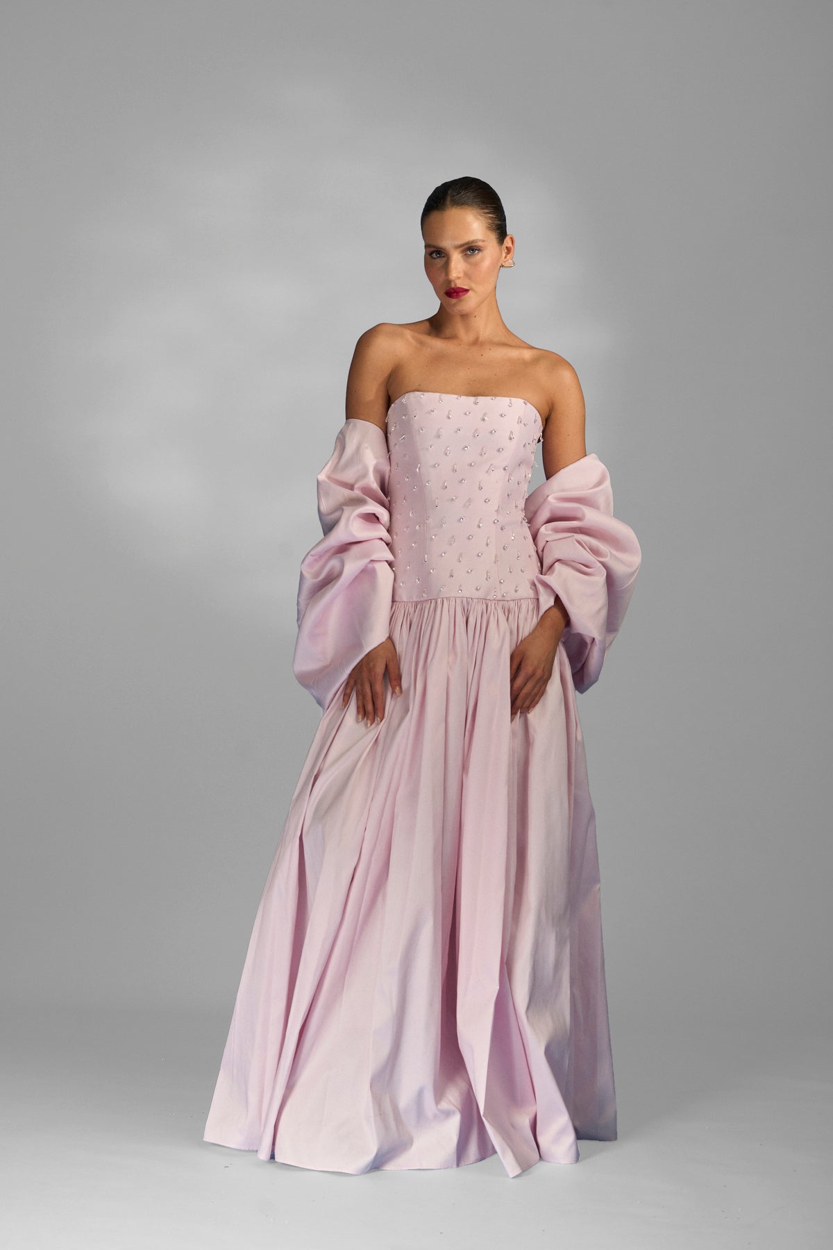 Vestido Longo Zibeline Decote Reto Bordado