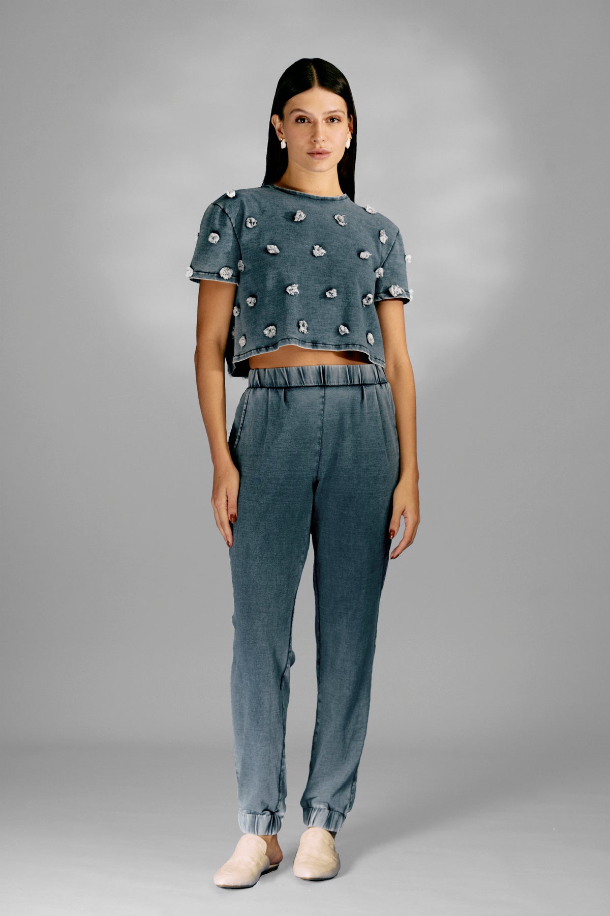 Blusa Denim Poá Gola Redonda