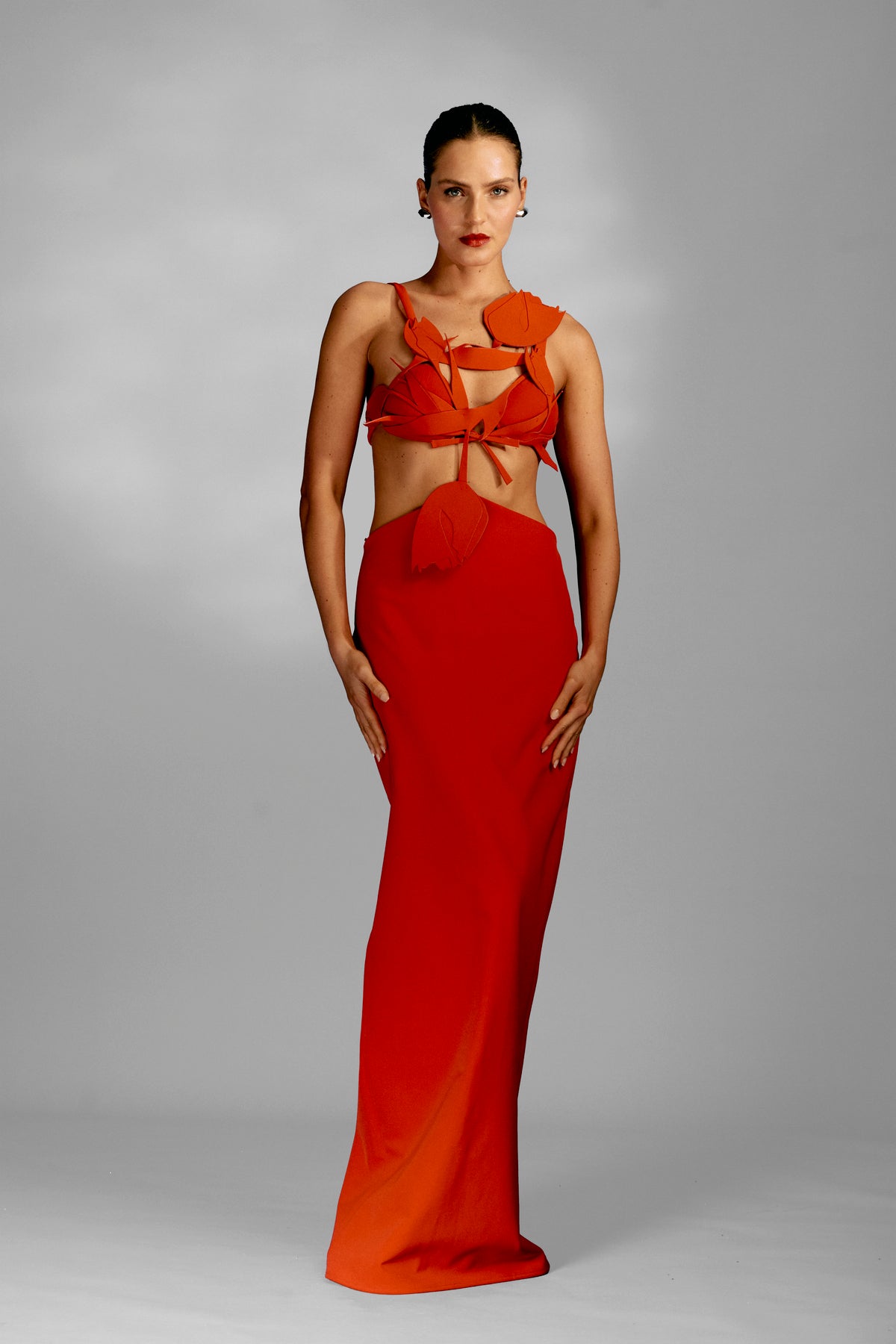 Vestido Longo Tecido Duplado e Detalhes no Laser de Tulipa