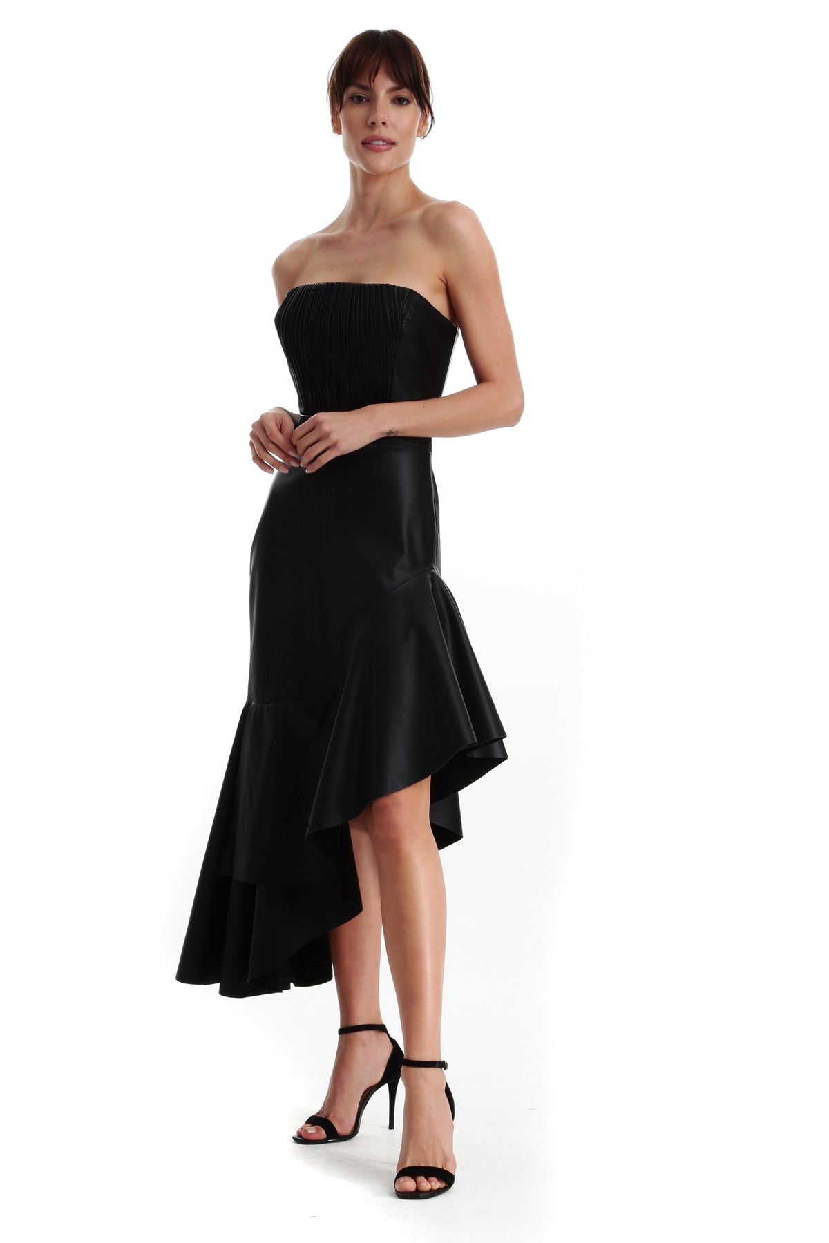 Saia Longa Assimétrica Couro Com Babados