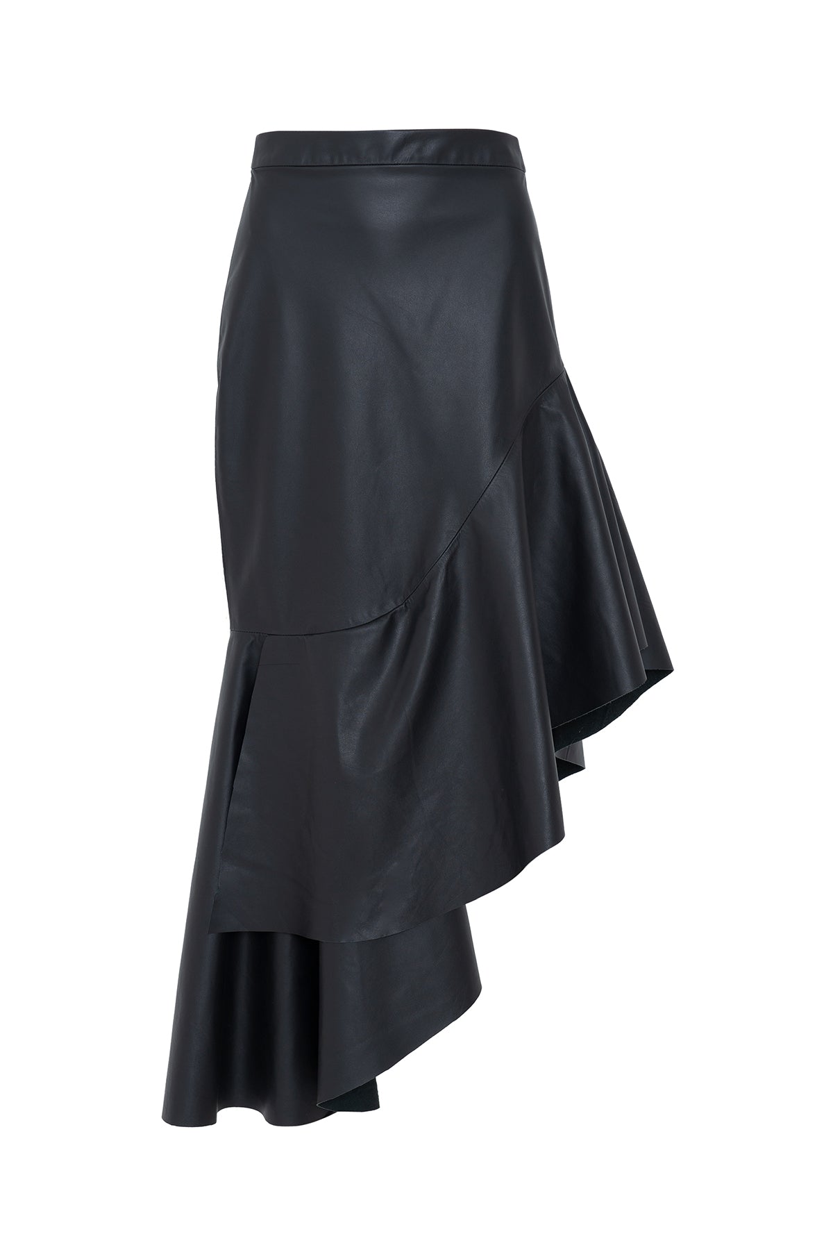 Saia Longa Assimétrica Couro Com Babados