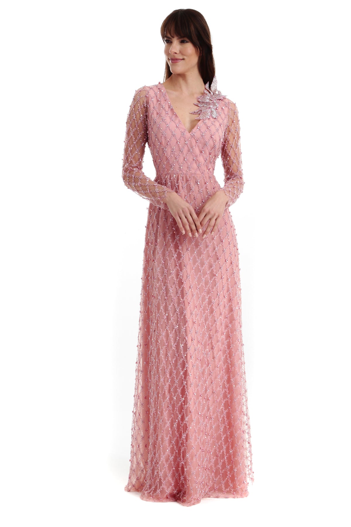 Vestido Longo Bordado com Decote em V