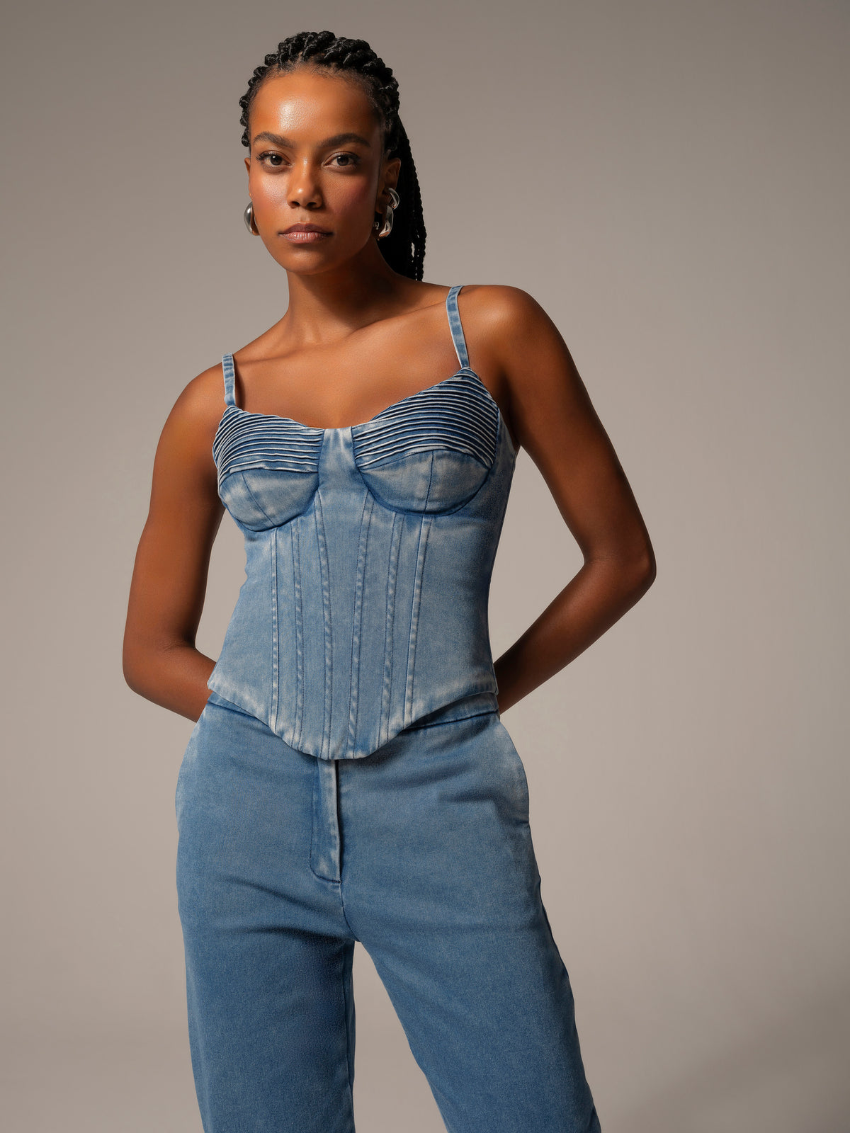 Corselet Denim Comprido Com Nervuras