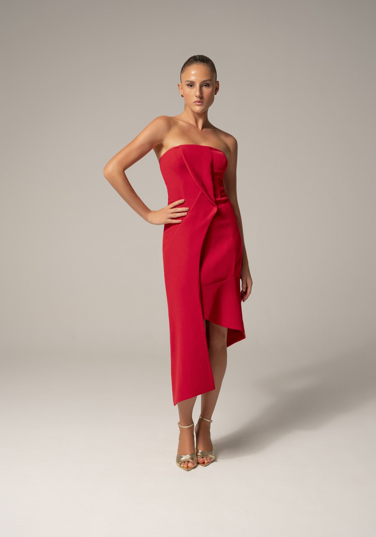 Vestido Crepe Mídi Assimétrico Ondas