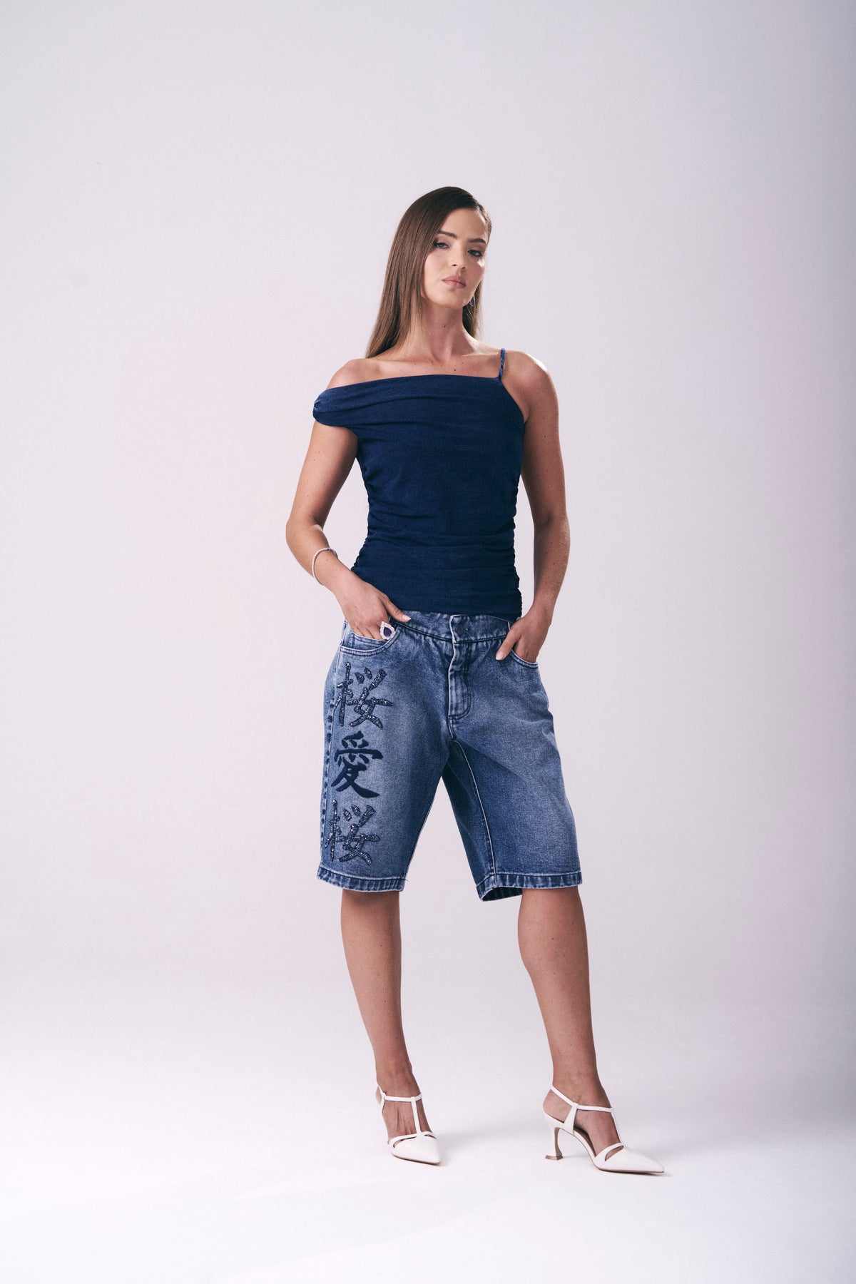 Blusa Jeans Ombro Único Drapeado