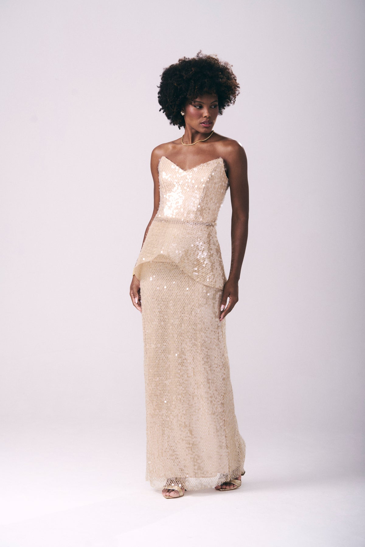 Conjunto Tela Metalic Shine Corset Peplum E Saia Longa