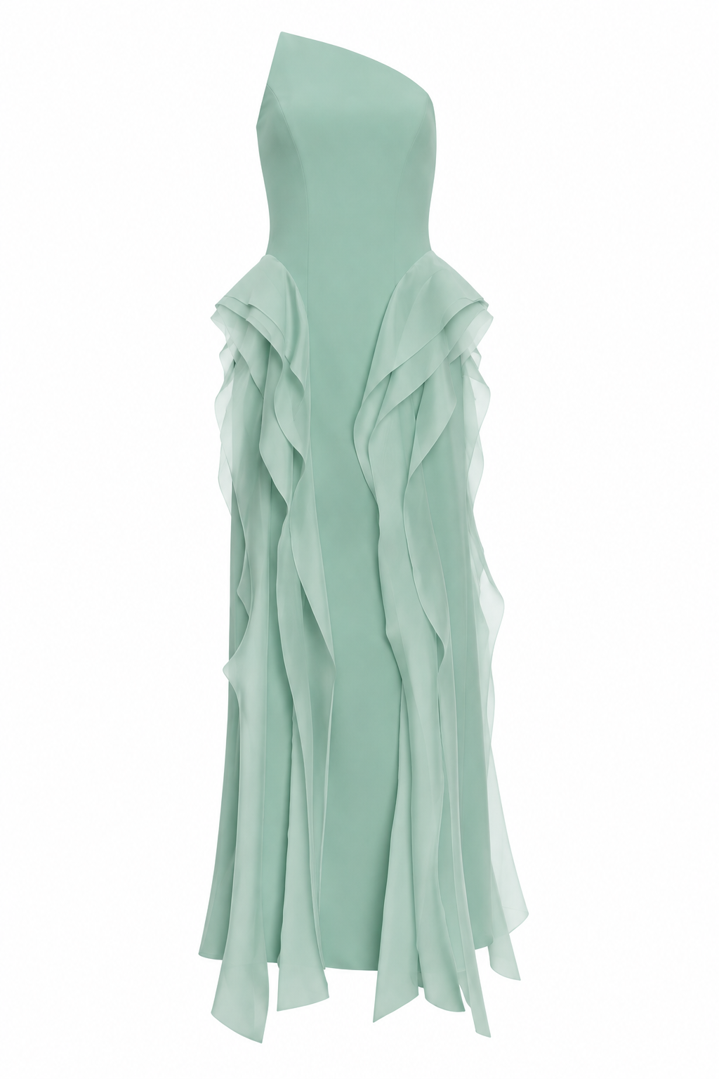 Vestido Longo Crepe E Organza Decote Assimétrico