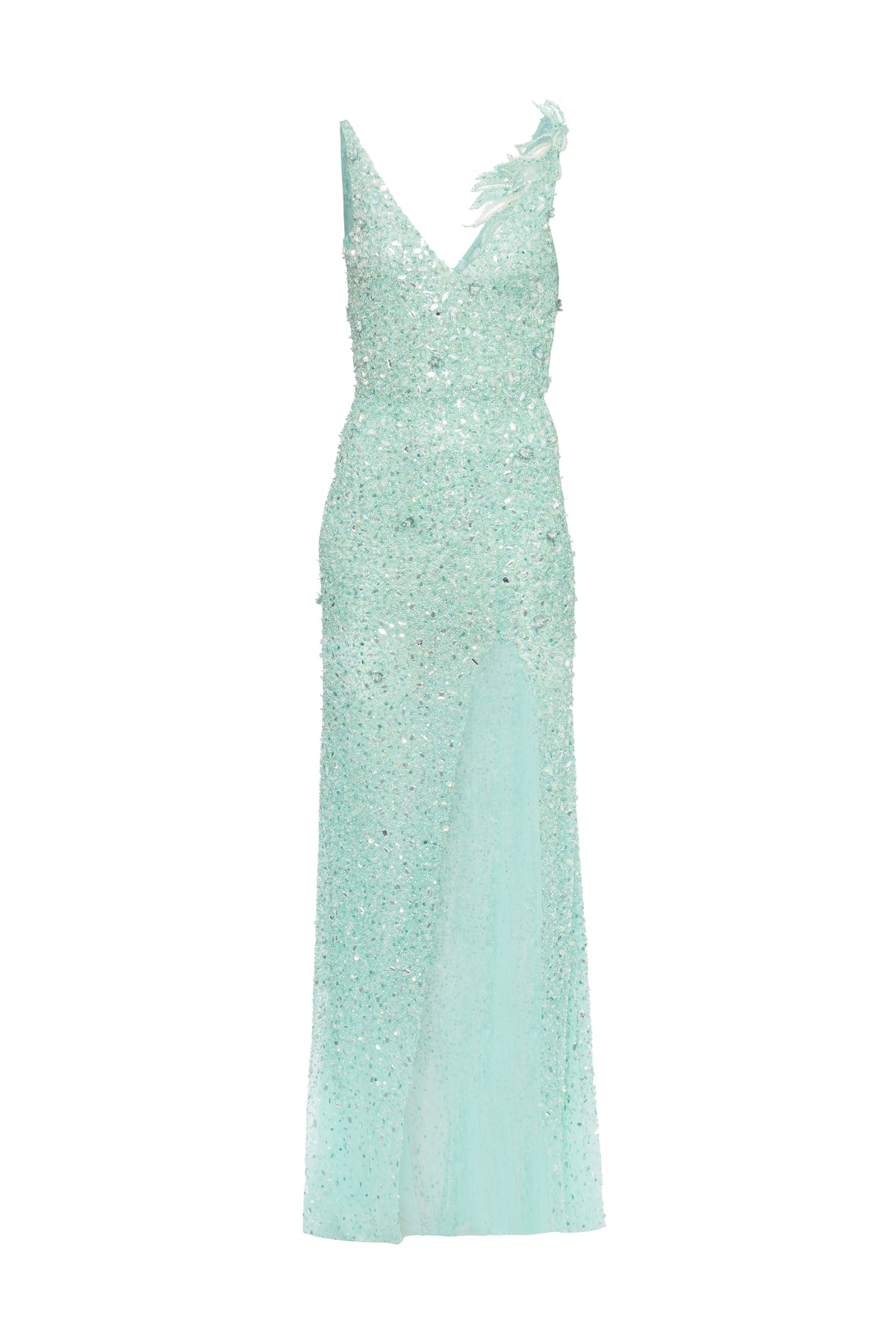 Vestido Longo Bordado Decote Em V E Fenda Lateral