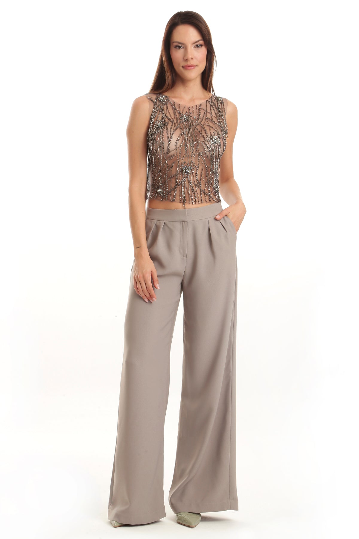 Calça Pregas Com Cós Alto