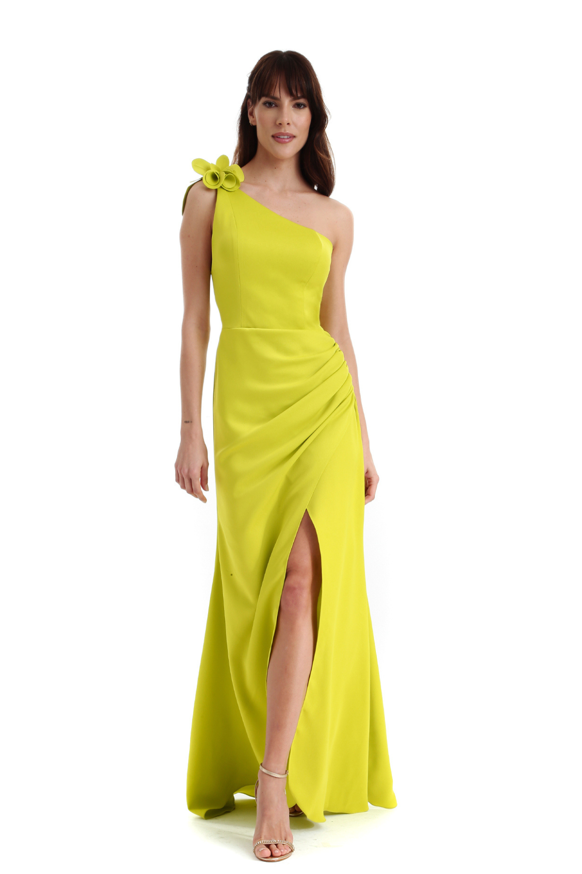 Vestido de Crepe Ombro Único com Flor