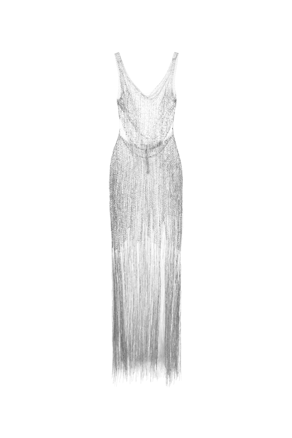 Vestido Longo Bordado Franjas Decote Em V