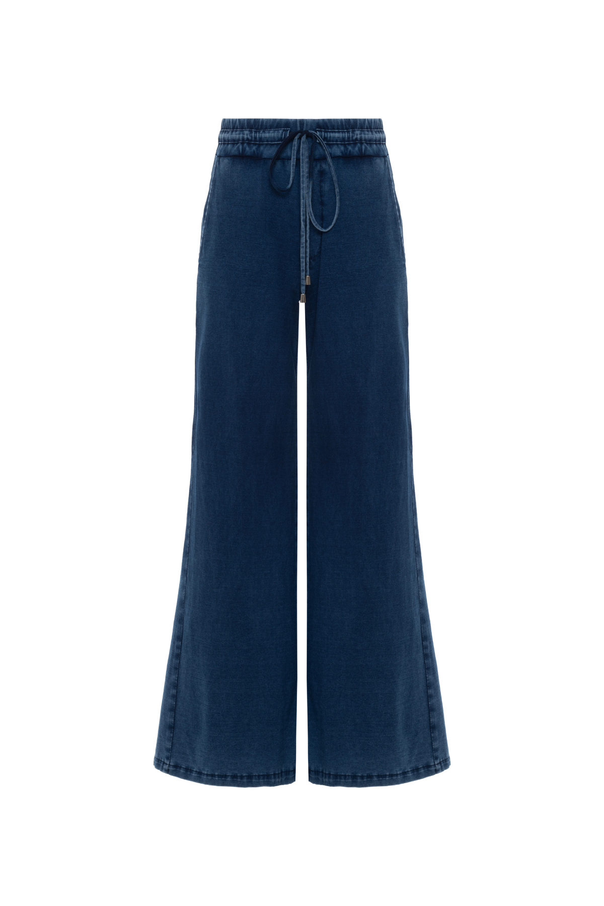 Calça Malha Denim Pantalona Bolso Laço