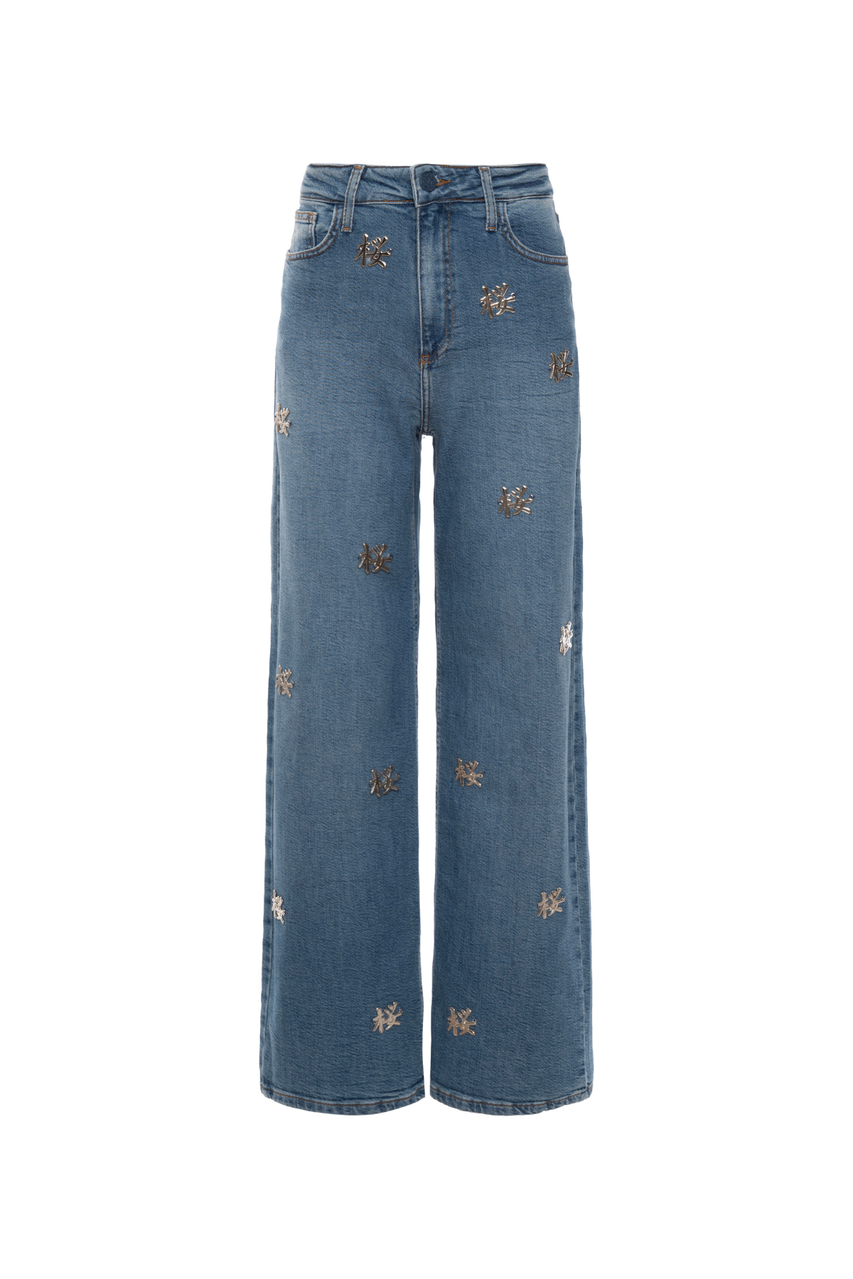 Calça Jeans Wide Leg Com Plaquinhas Ideograma Sakura