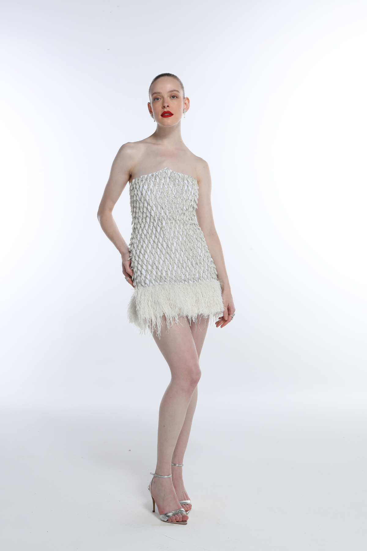 Vestido Mini Bordado e Plumas