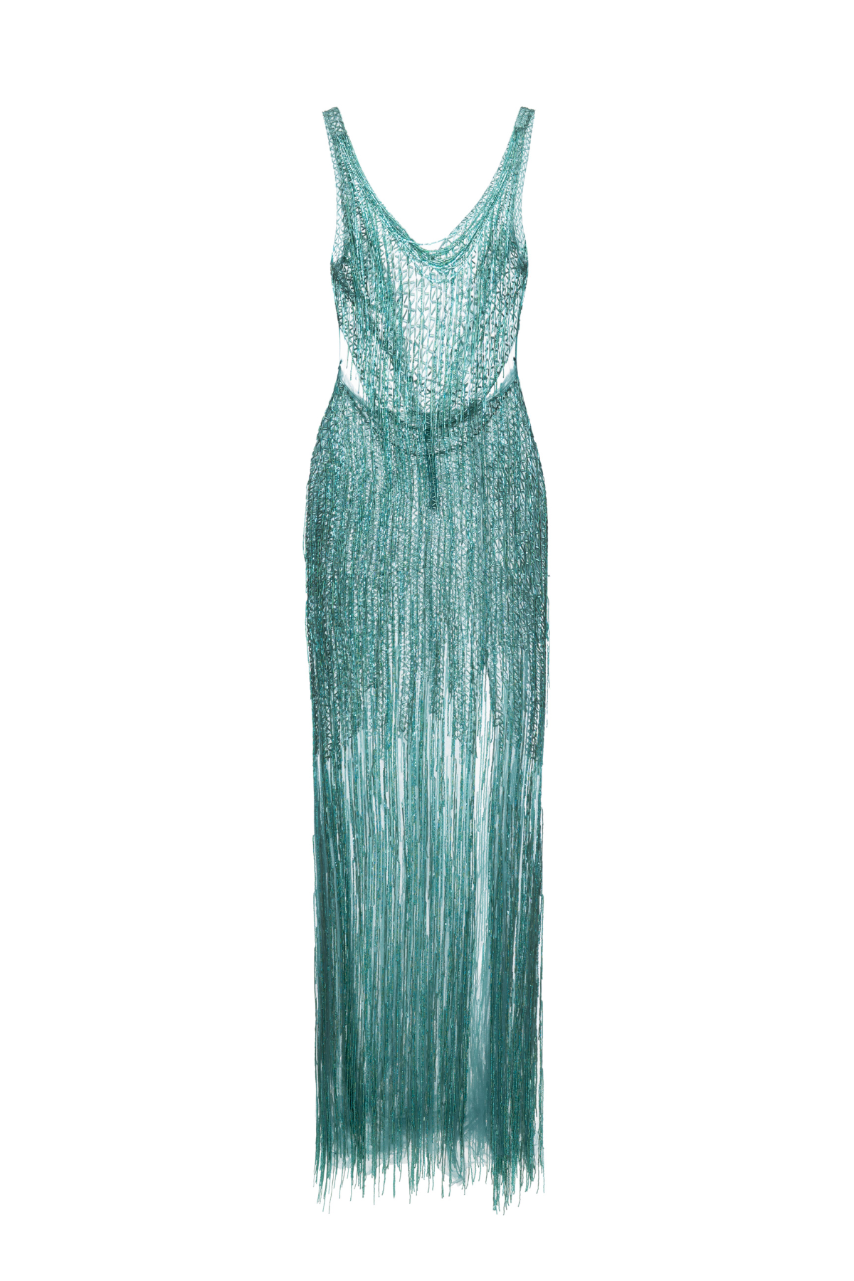 Vestido Longo Bordado Franjas Decote Em V