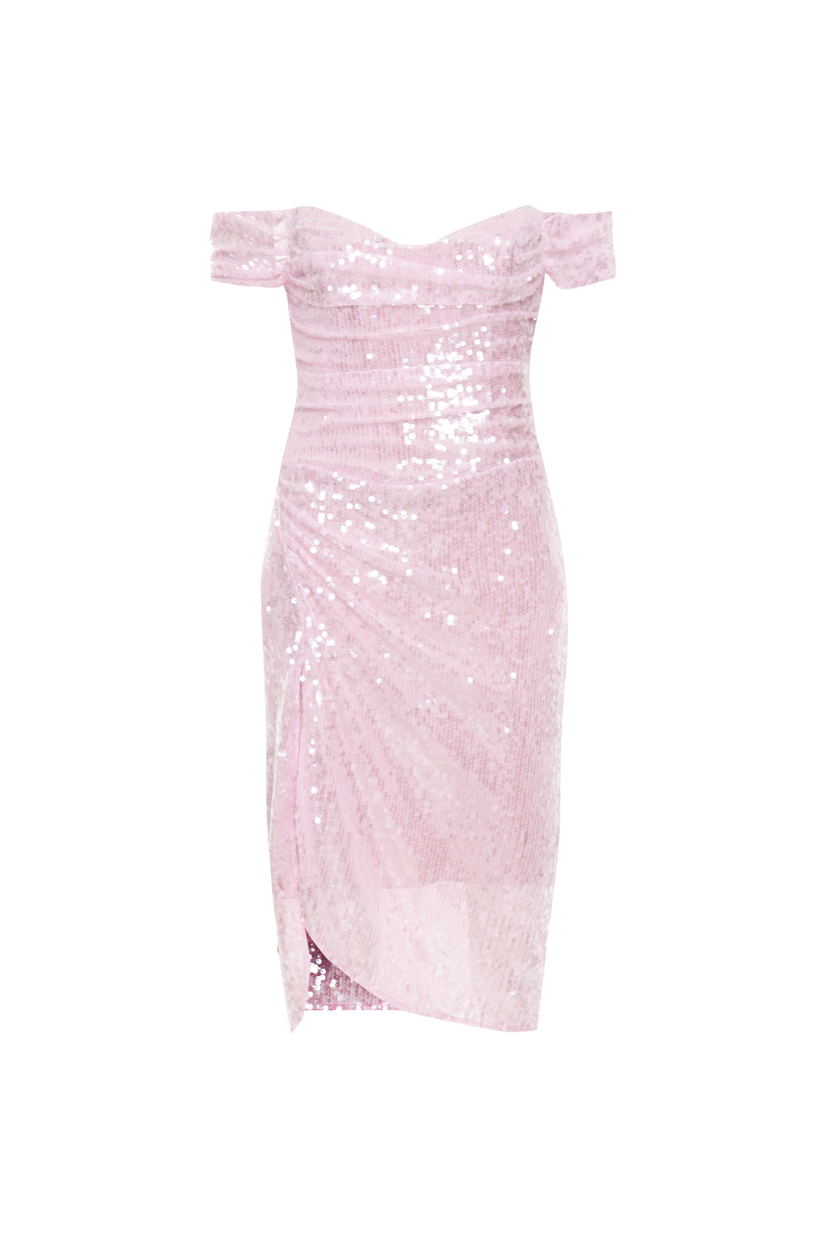 Vestido Mídi Paetê Translúcido Decote Ombro A Ombro