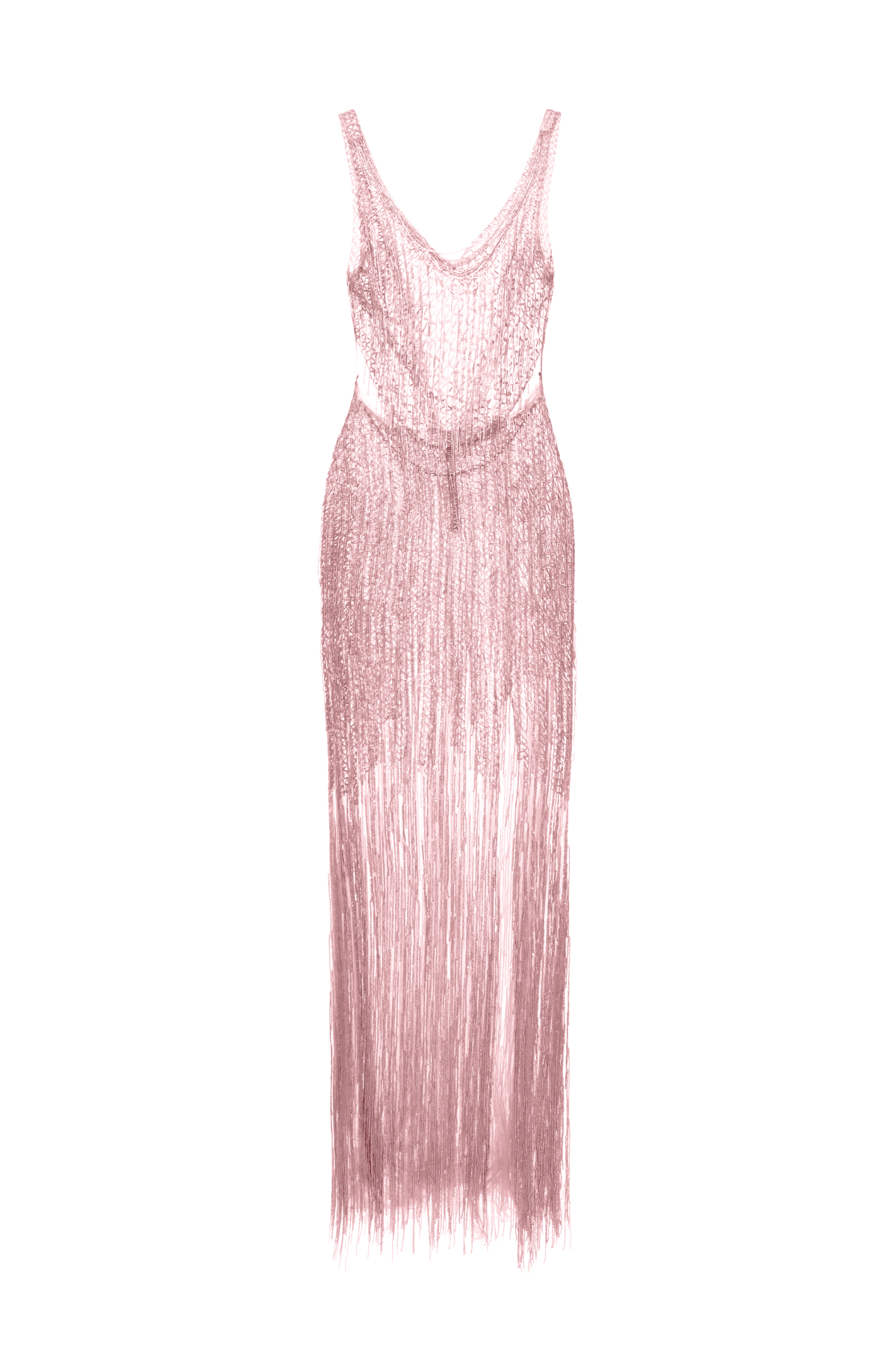 Vestido Longo Bordado Franjas Decote Em V