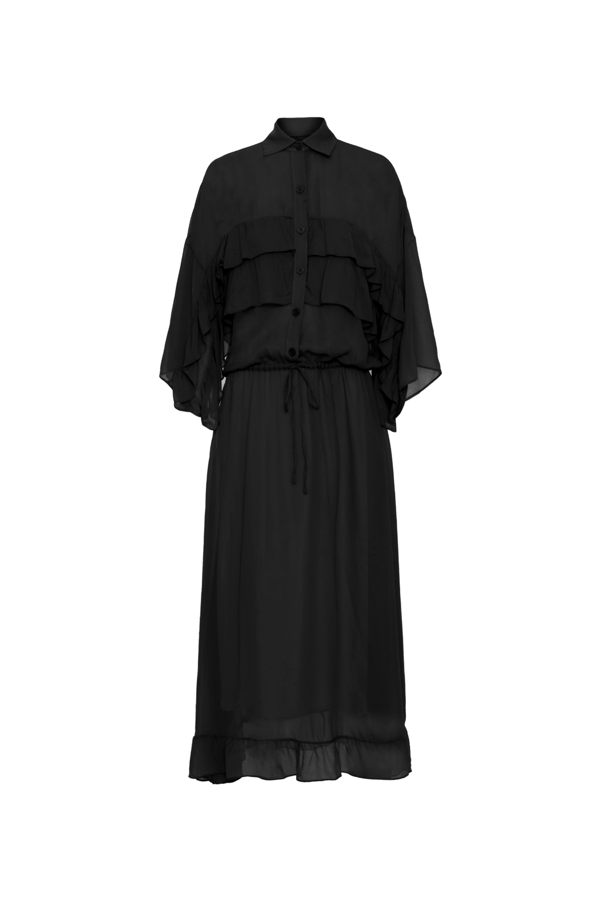 Vestido Mídi Fluido Mangas longas E Babados