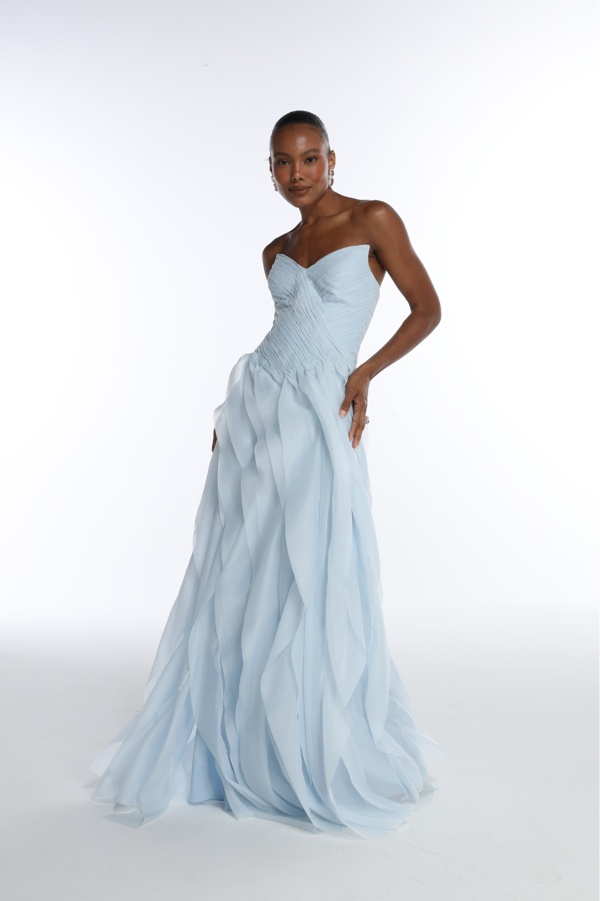 Vestido Longo Organza Sem Alças Drapeado