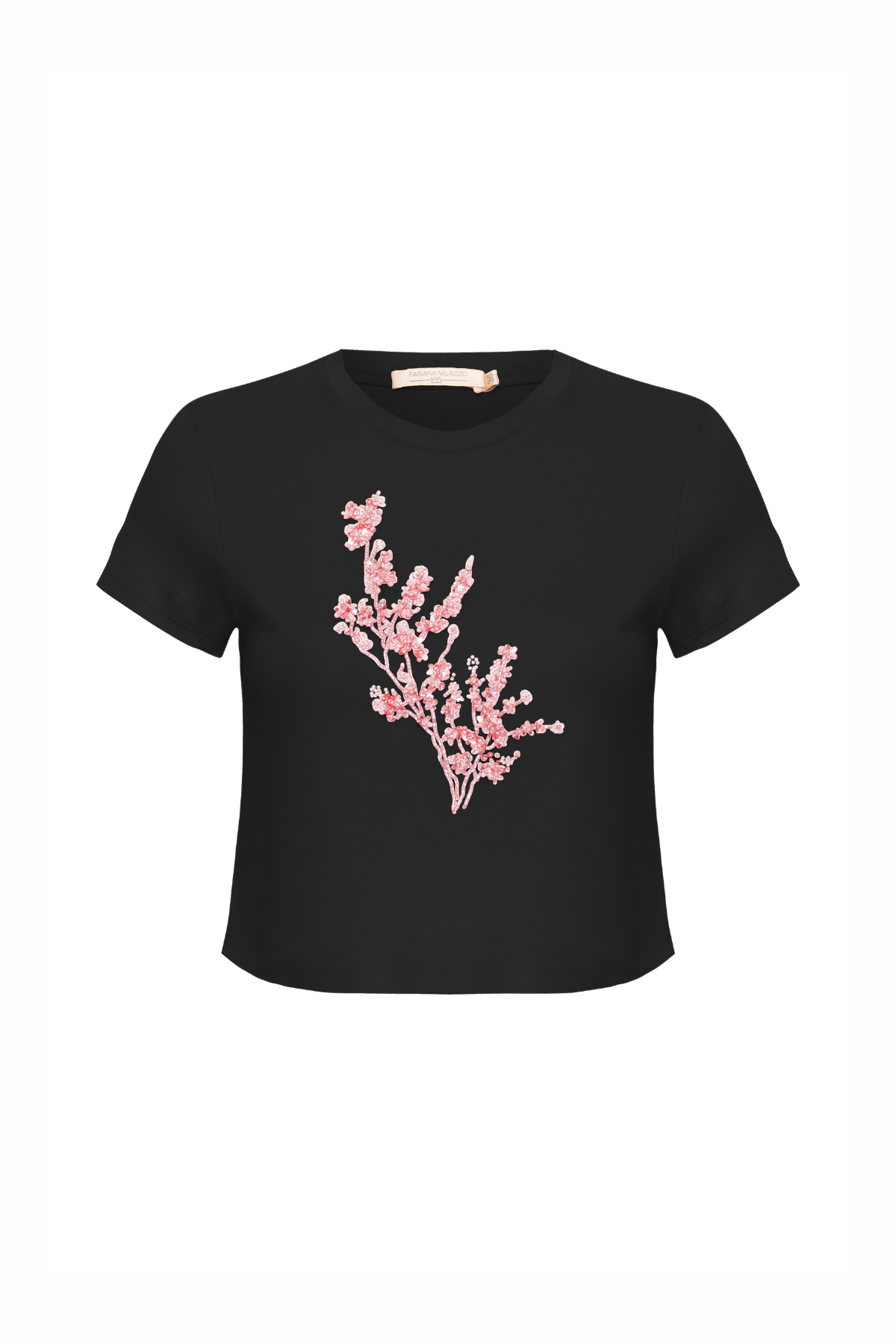 T-Shirt Arredondada  em Algodão Pima Bordado Flores de Cerejeira