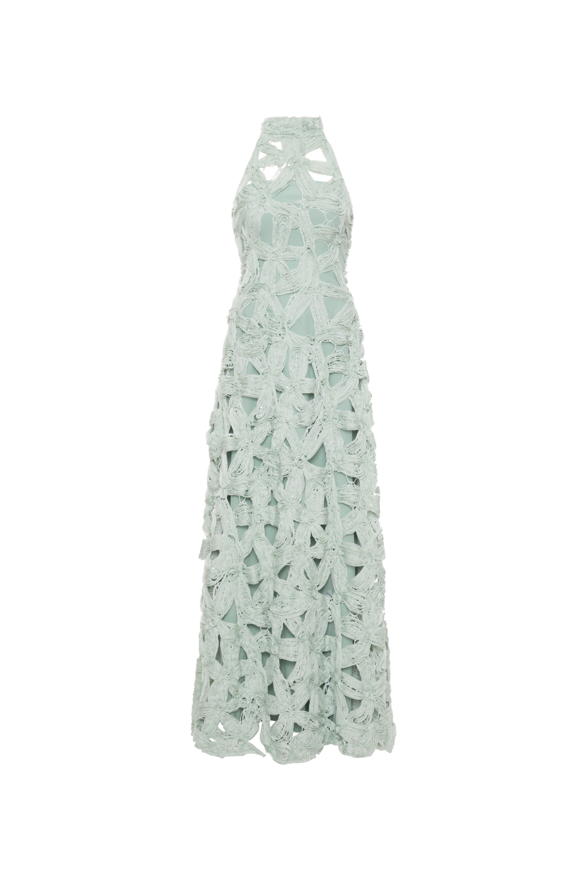 Vestido Longo Gola Alta Tule Bordado