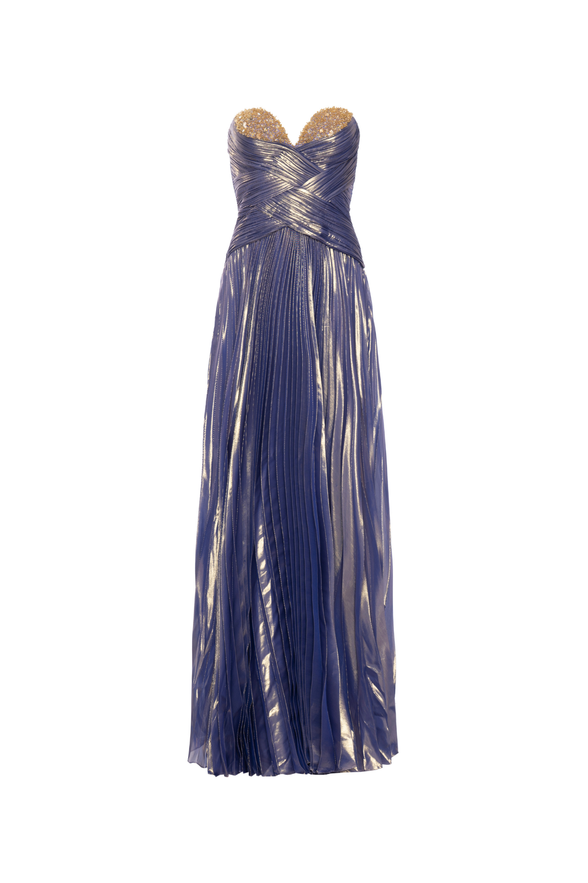 Vestido Longo Seda Metalizada Drapeado E Bordado No Busto