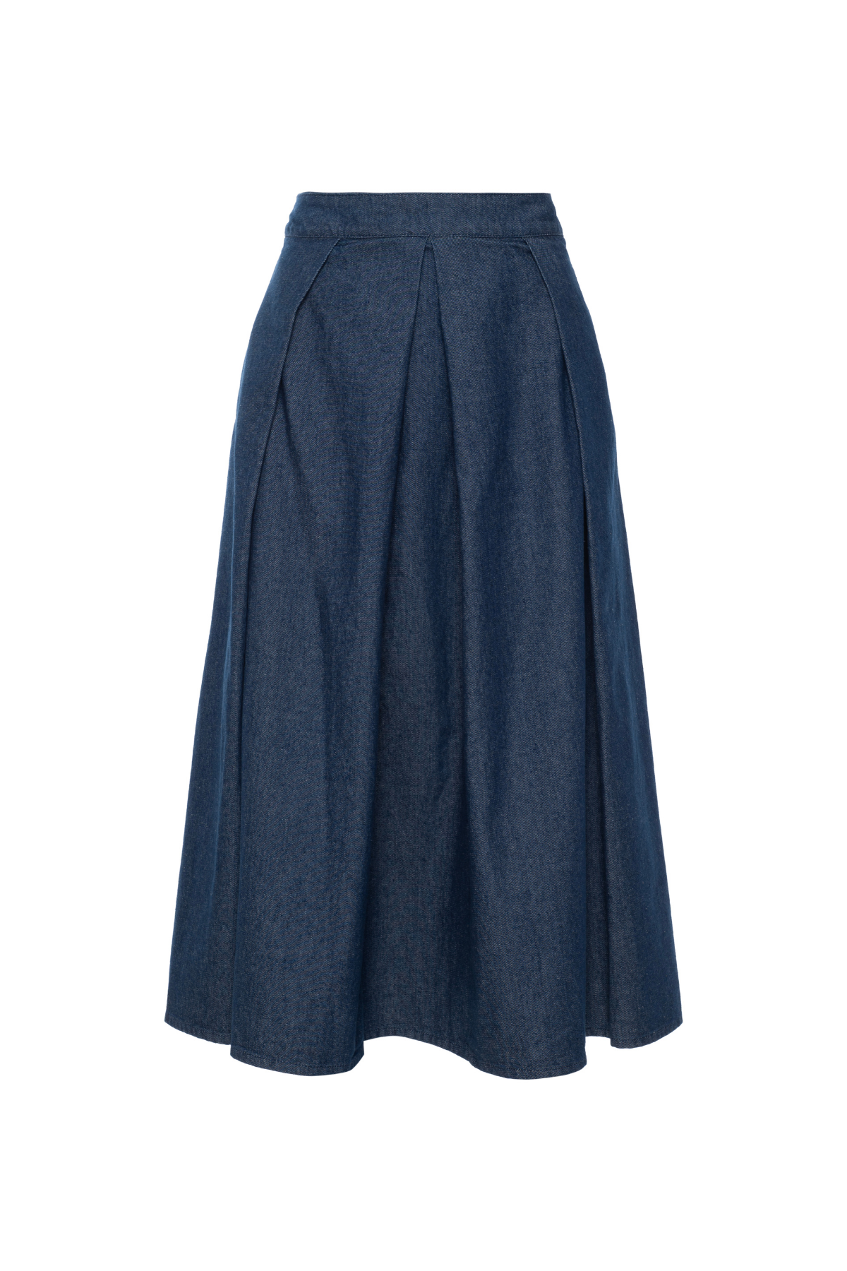 Saia Jeans Mídi Pregas Frontais