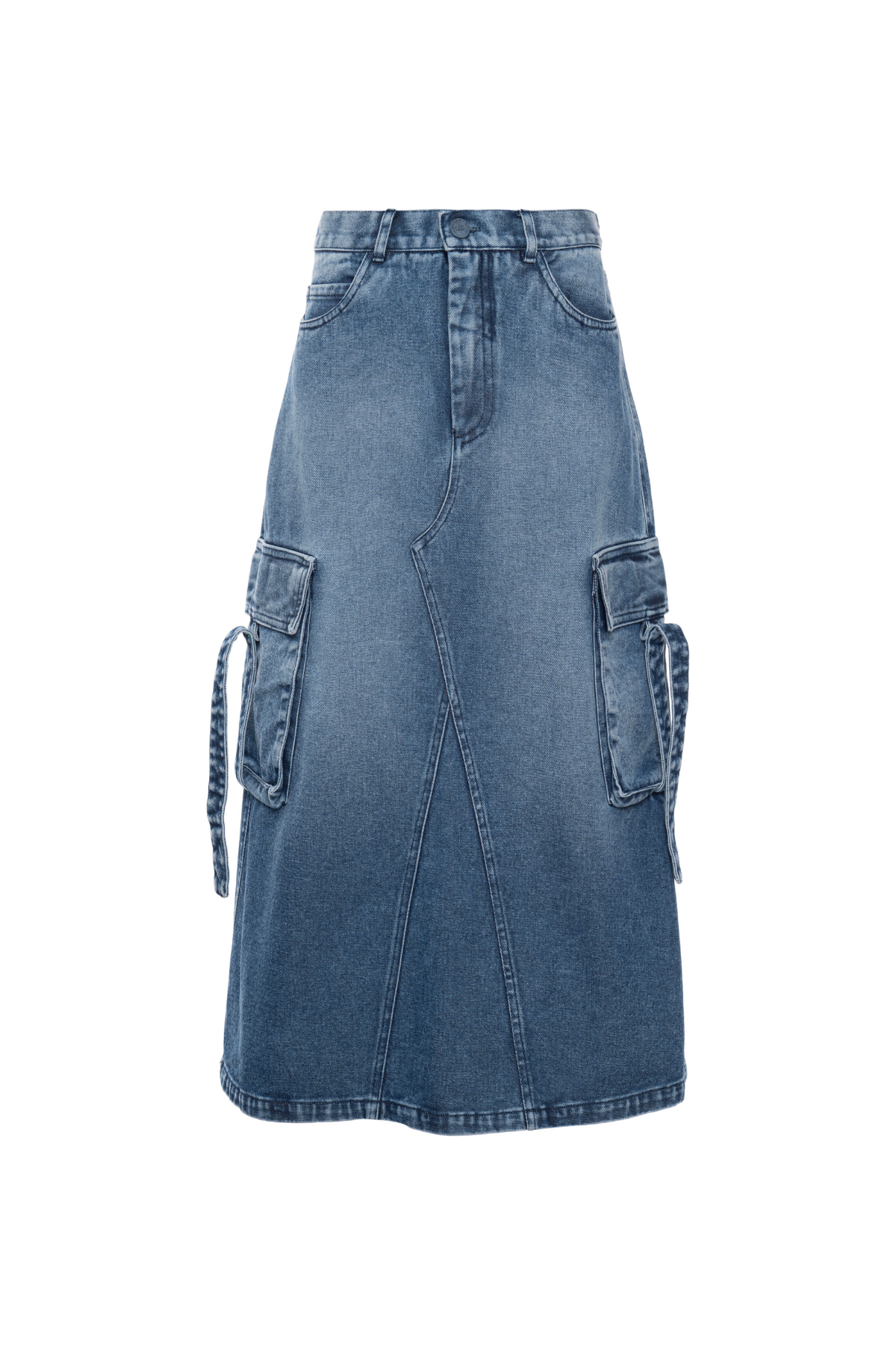 Saia Jeans Mídi Bolsos Cargo