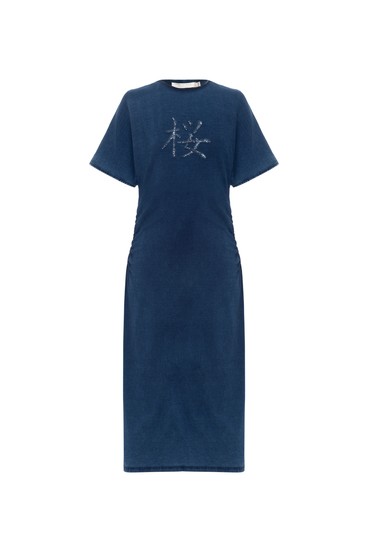 Vestido Midi Jeans Modelagem Reta e Pregas com Bordado