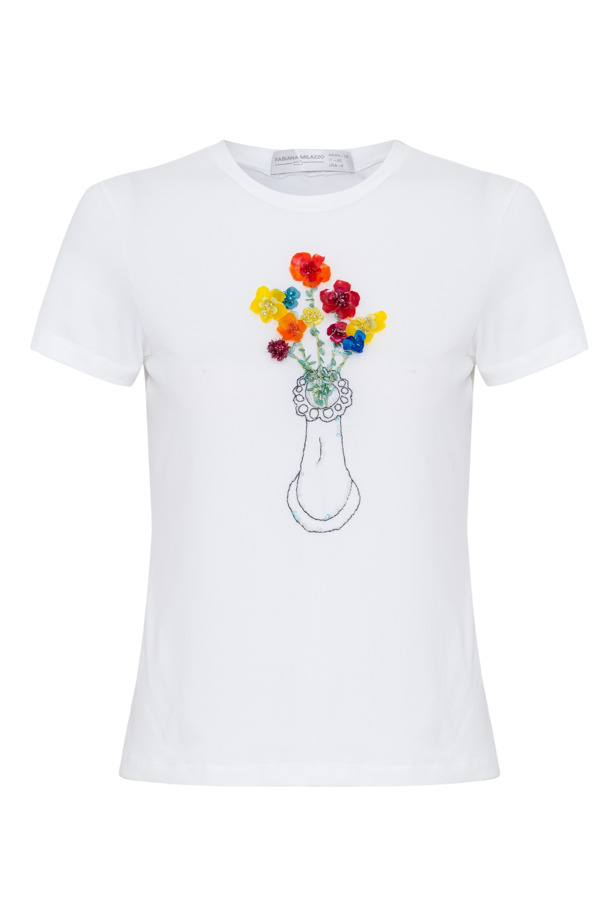T-Shirt com Bordado Vaso de Flores
