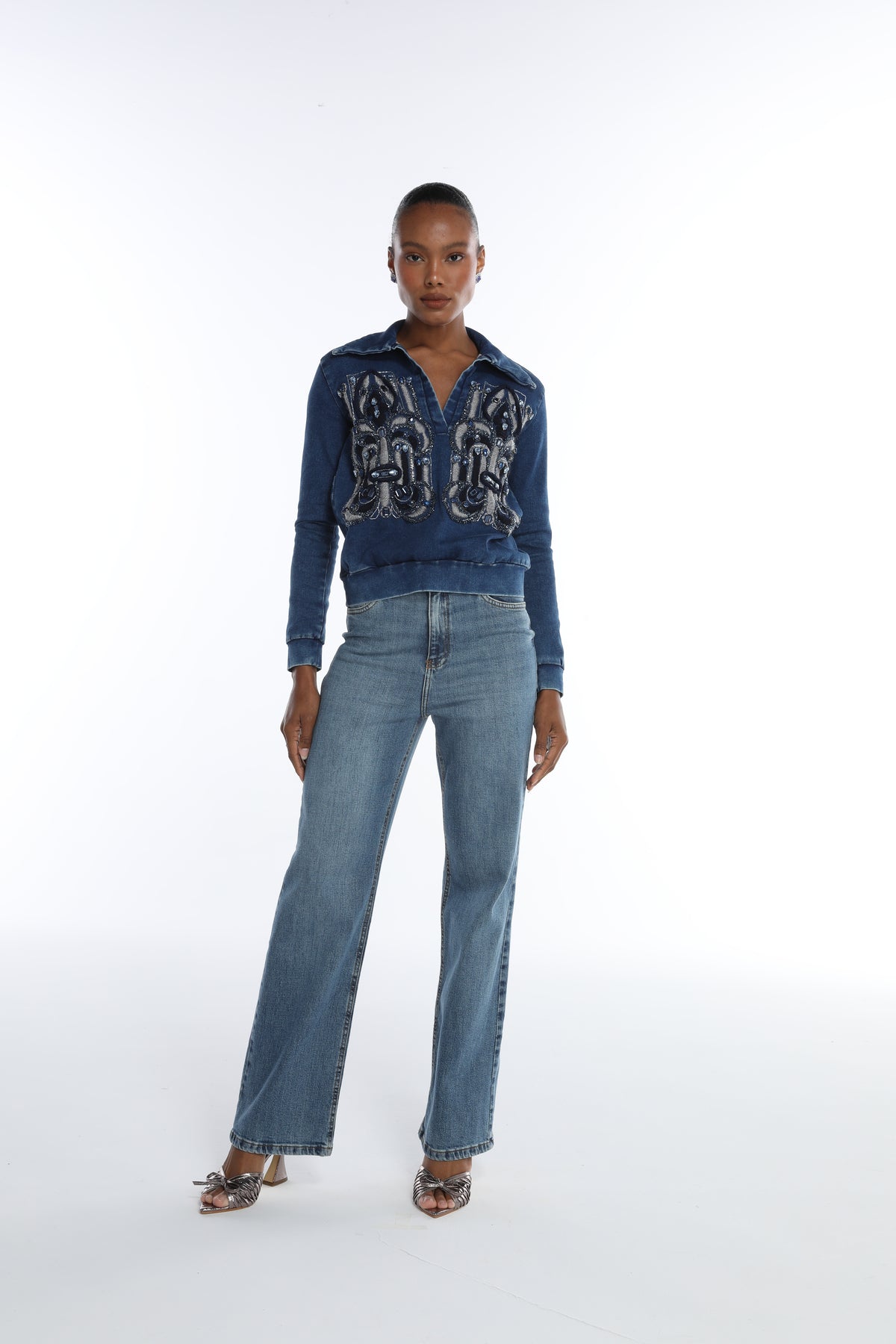 Moletom Jeans Mangas Longas Bordado