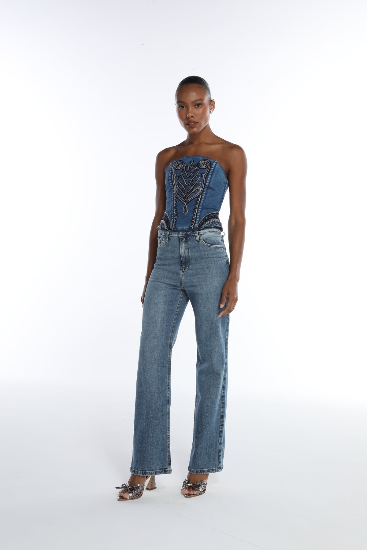 Corset Jeans Abaulado Bordado