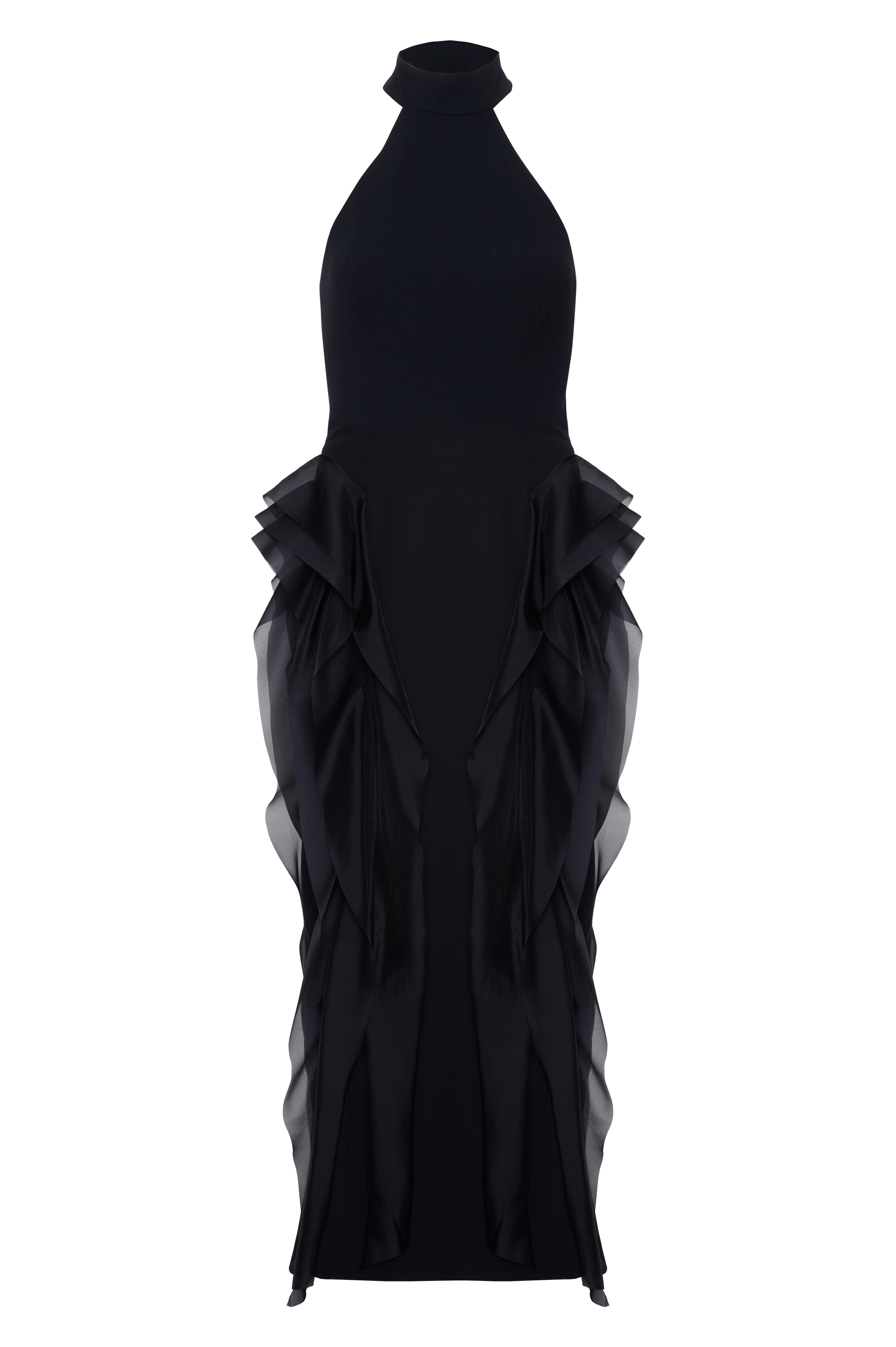Vestido Longo Gola Alta Crepe E Organga