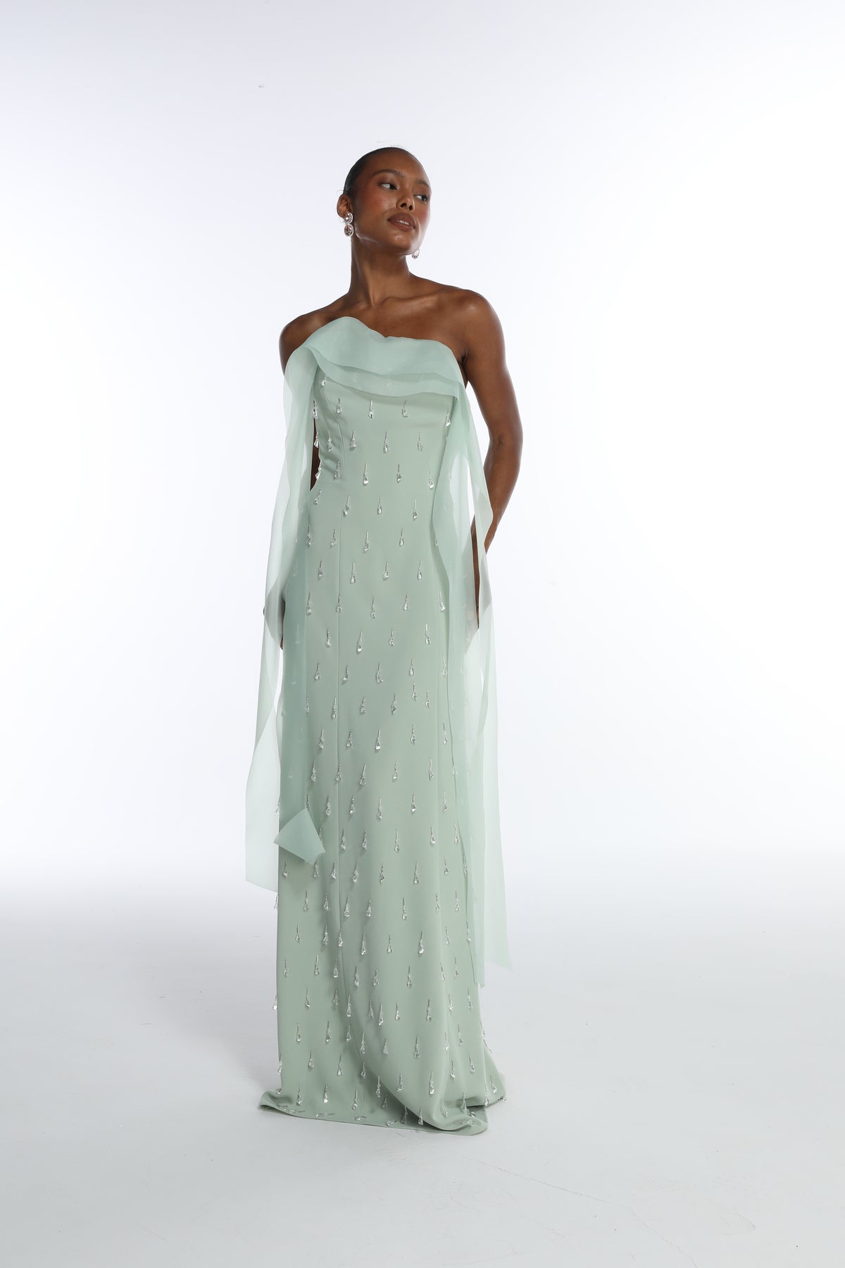 Vestido Longo Sem Alças Crepe E Organza