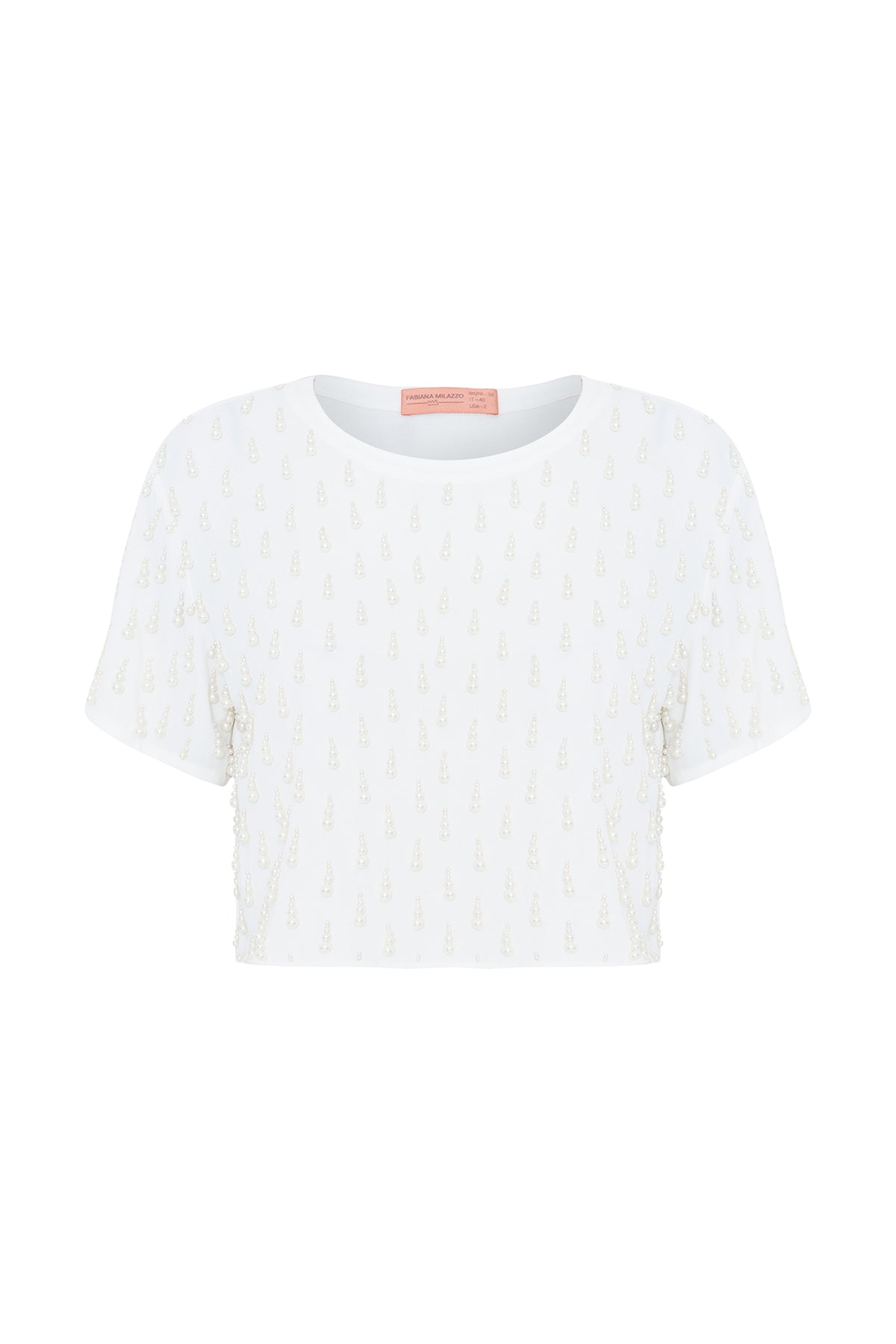 T-Shirt Cropped Bordada em Crepe