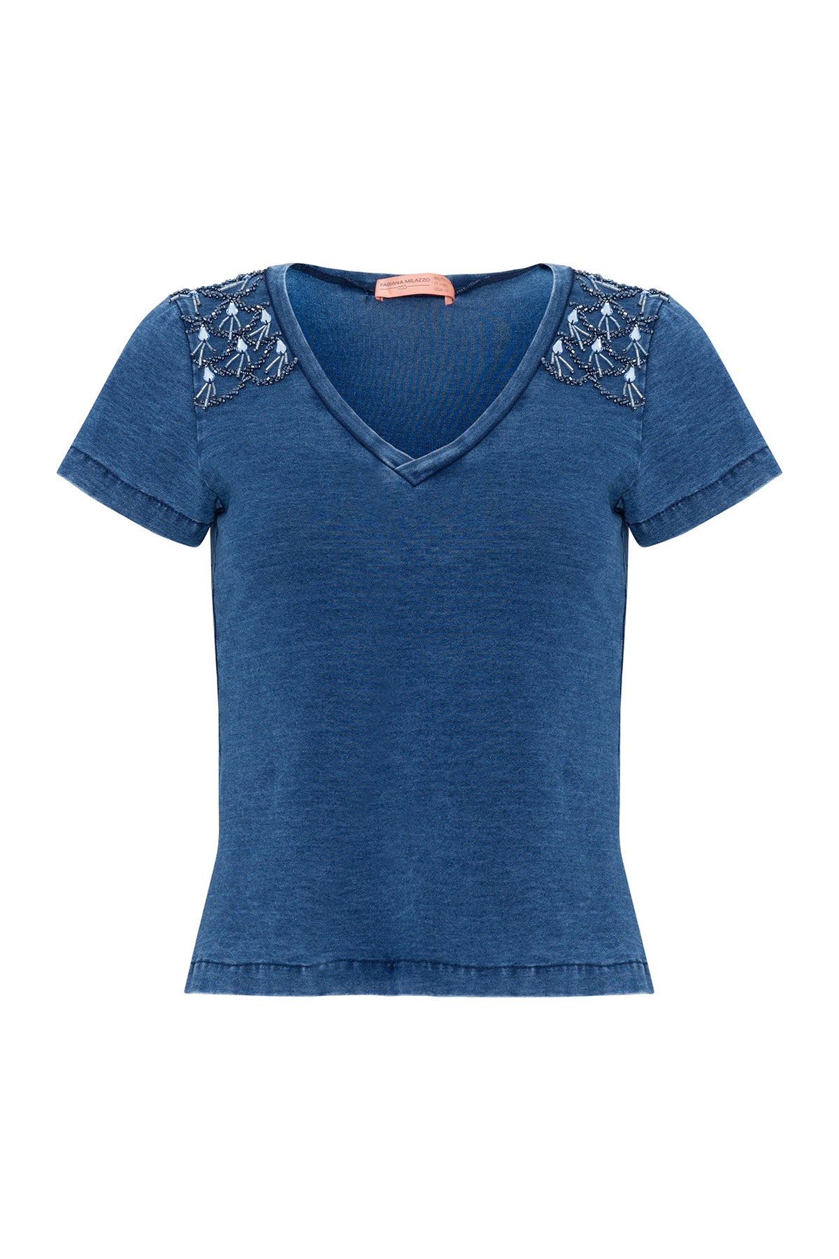 T- Shirt Denim Bordada nos Ombros